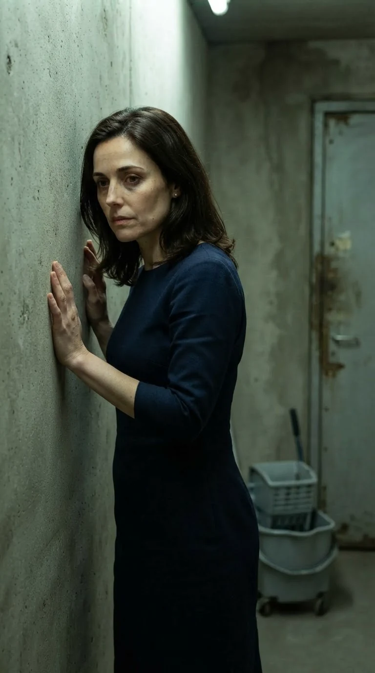 A tired woman in a navy dress presses both hands flat against a concrete service-hall wall.