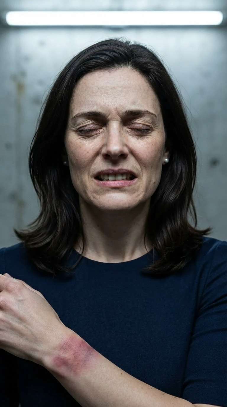 Close view of a woman's closed eyes and red mouth in harsh hallway light.