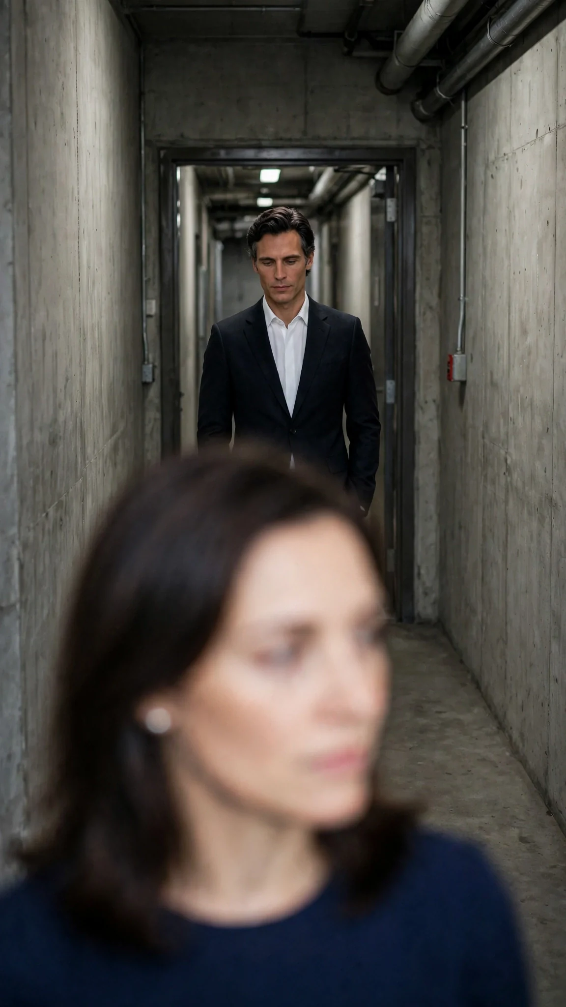 A tall dark-haired man in a dark suit stands in a service doorway, watching her.