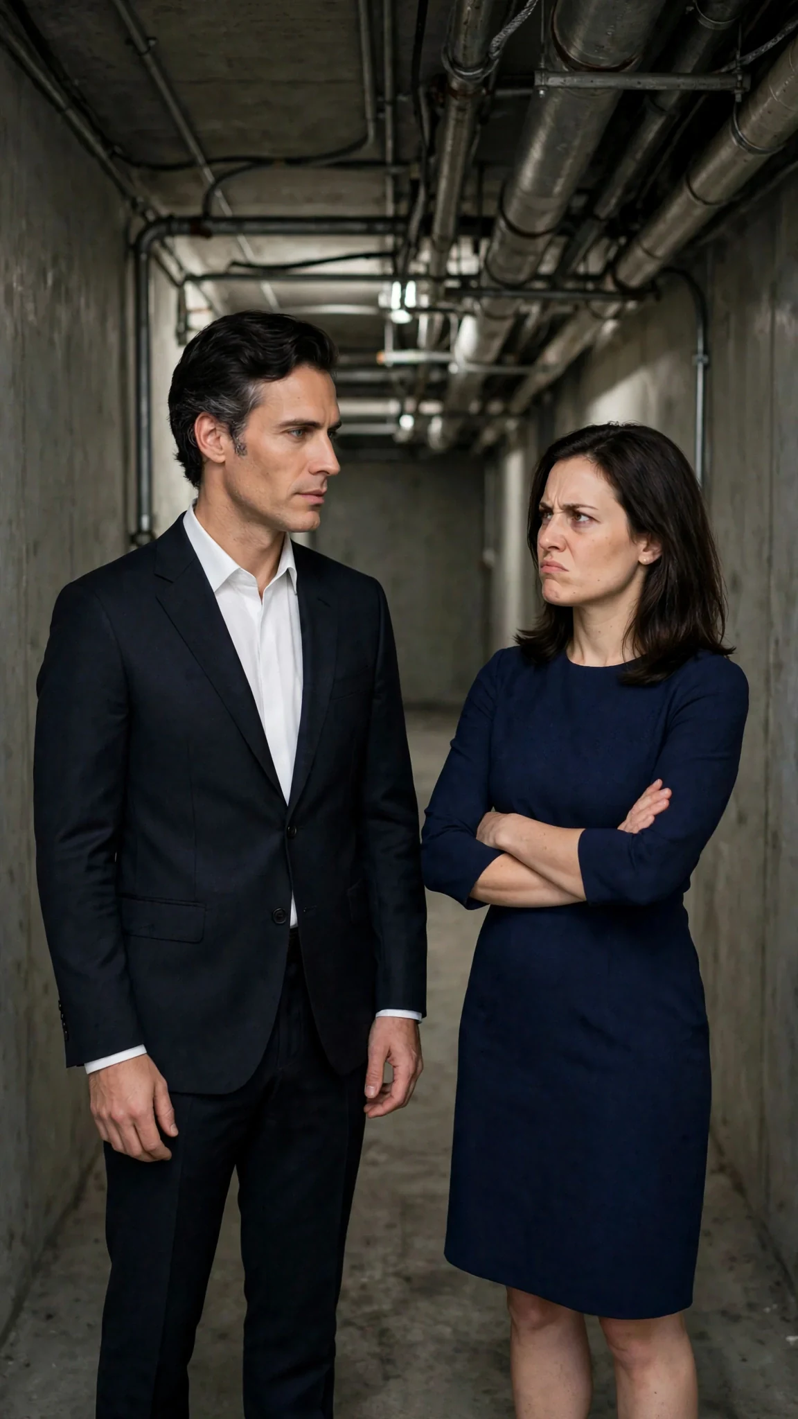 The two of them face each other at a distance in the narrow service corridor.
