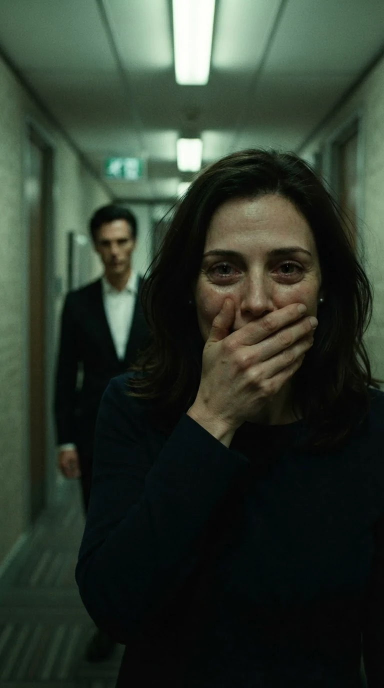 The woman laughs bitterly, one hand over her mouth, eyes wet.
