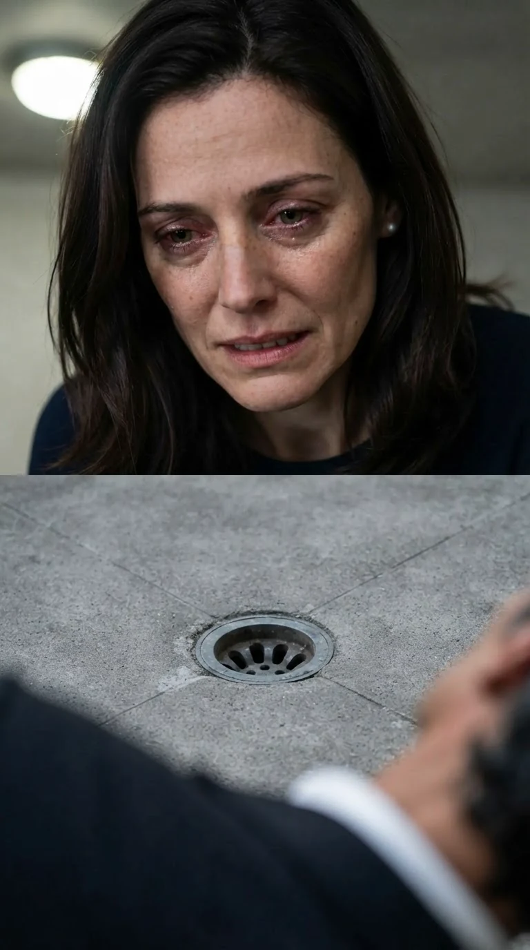 The woman looks at the floor to hide her burning eyes.