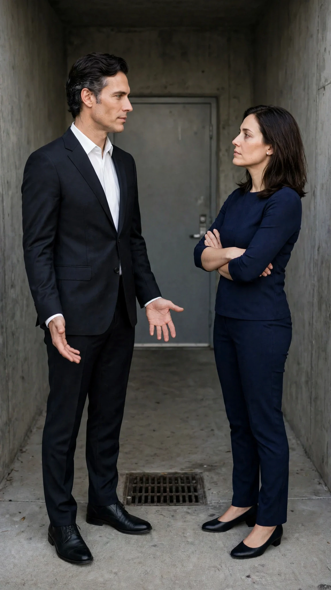 He offers her a ride, standing still, hands relaxed at his sides.