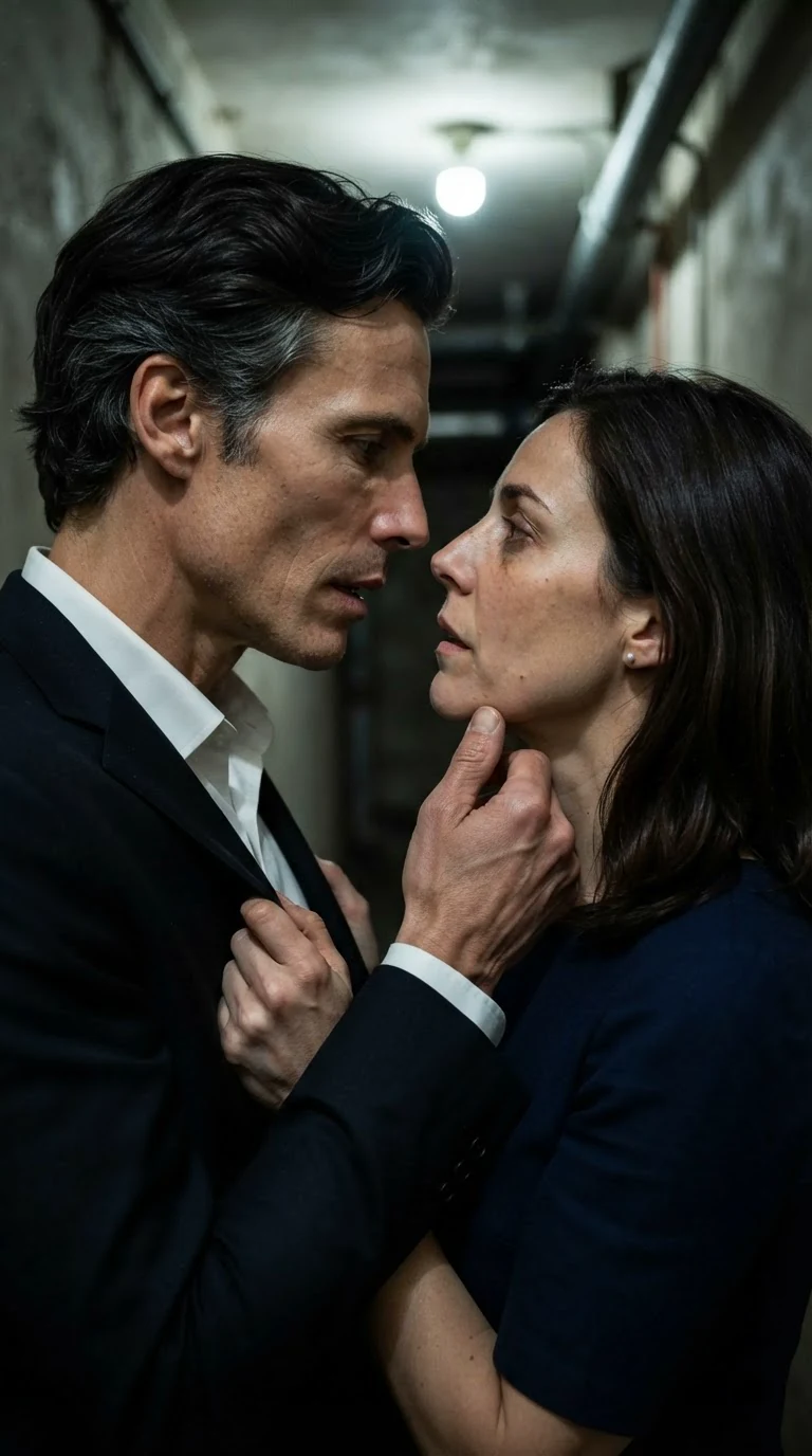 Their faces inches apart in the corridor, about to kiss.