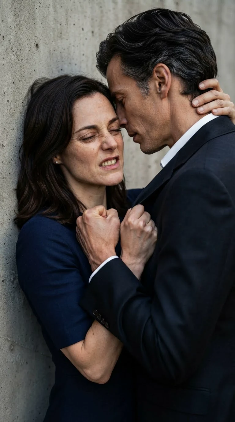 Her fists grip his jacket lapels and pull him in.