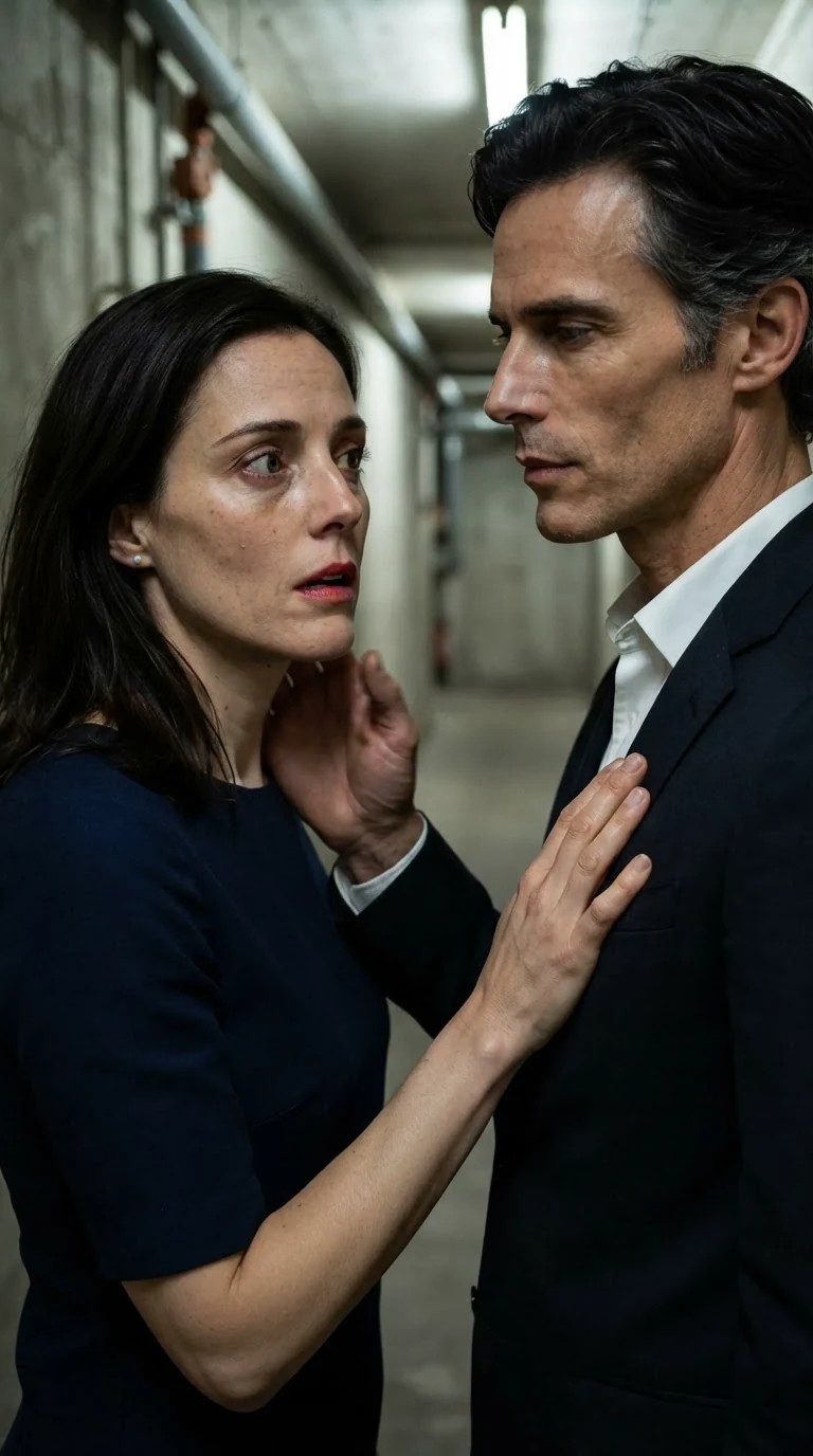 She breaks away, breathing hard, her palm still flat on his chest.