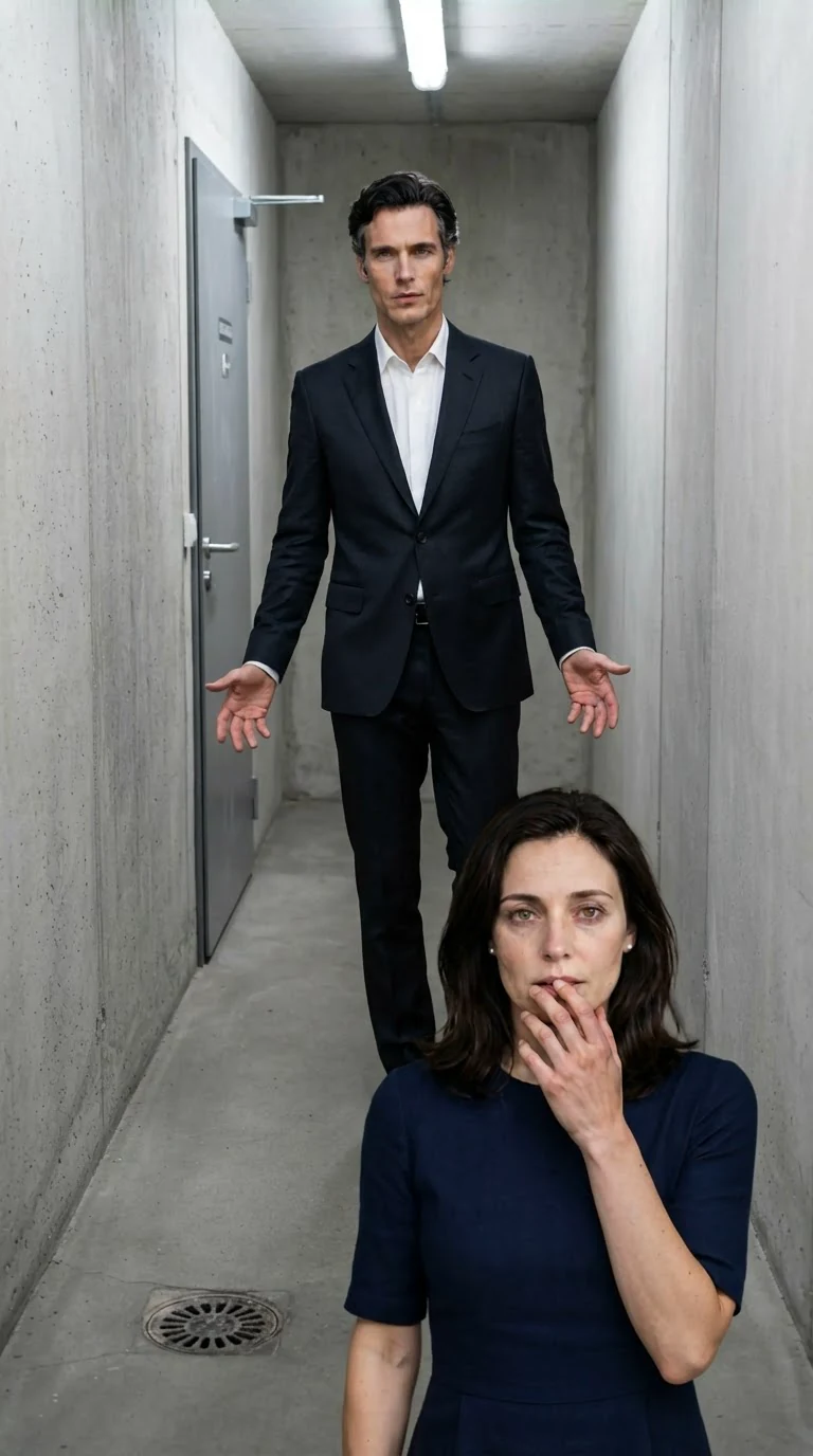 He steps back and gives her space, hands lowered, expression calm.