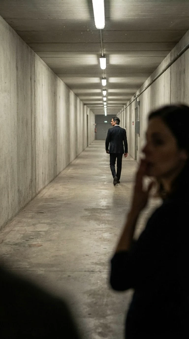 His back as he walks away down the long concrete hall.