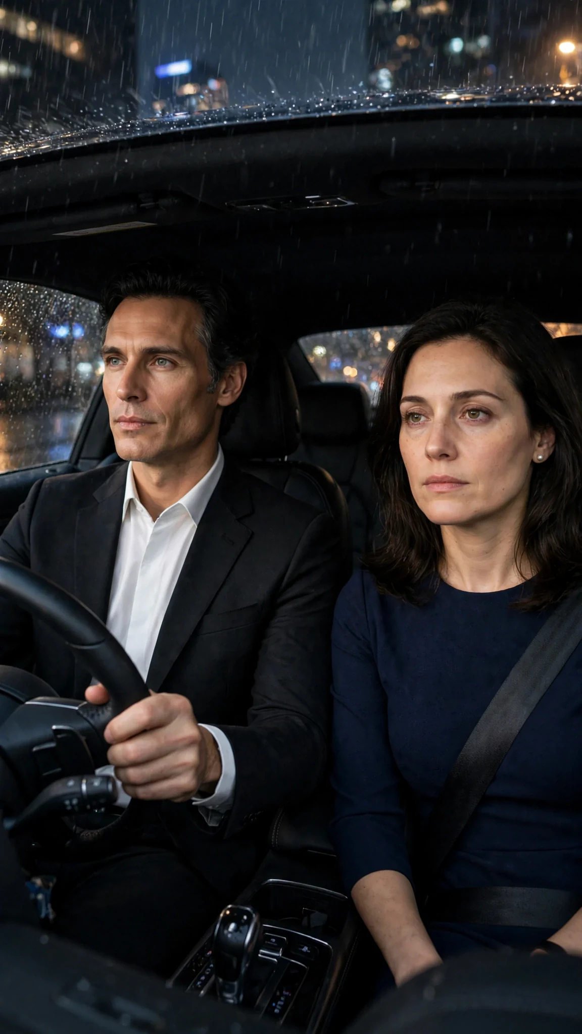 A man in a dark suit drives through a rainy city at night while a woman sits silently beside him.