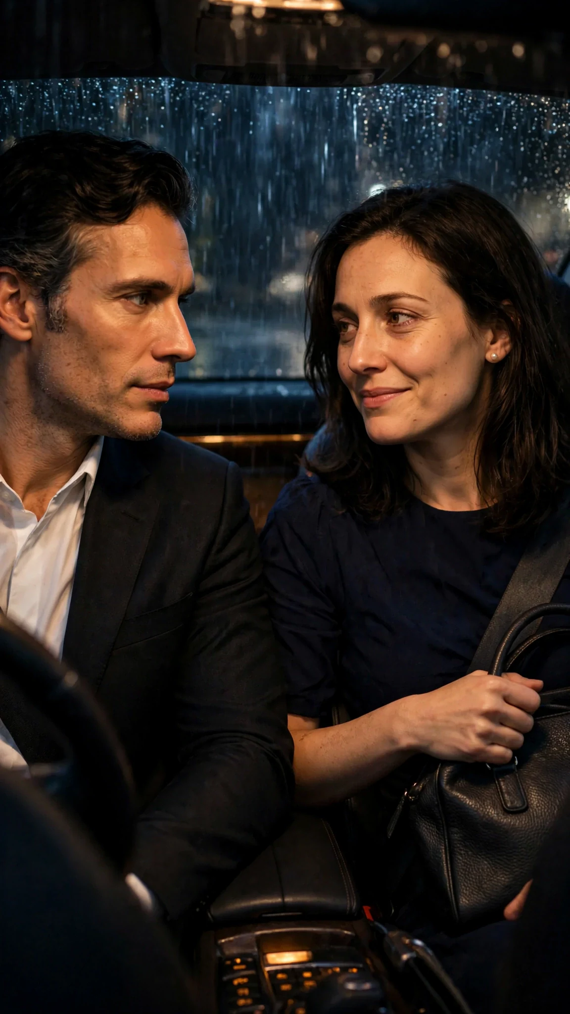 The woman turns in the passenger seat with a tired, bitter half smile.