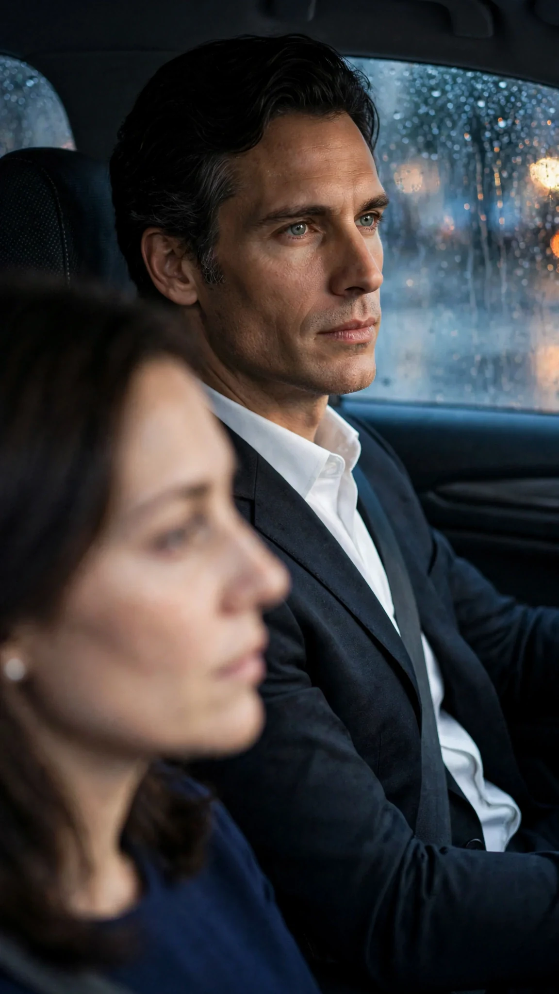The driver glances at her, controlled and unreadable, wet city light on his face.
