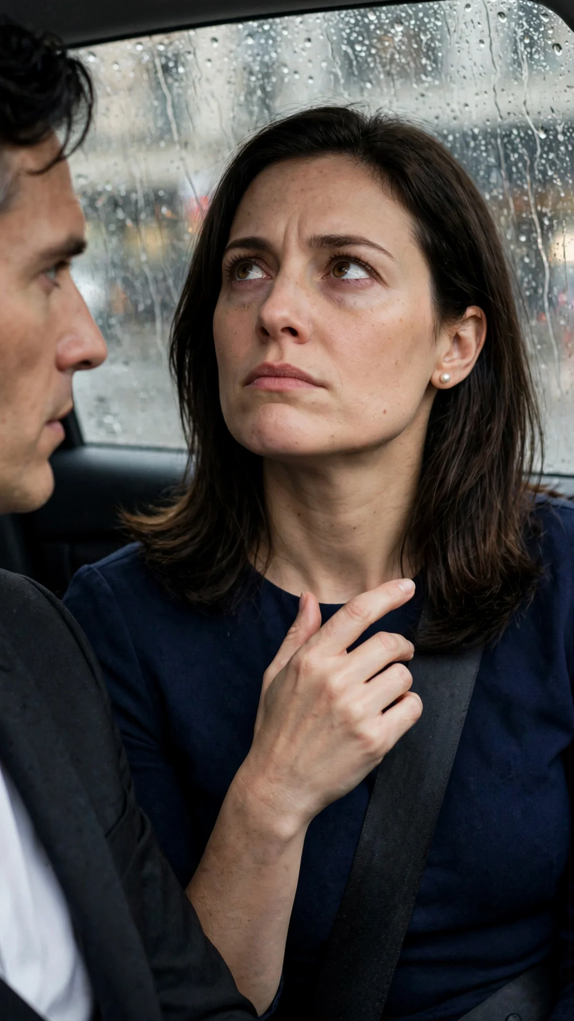 The woman gestures at herself, chin lifted, eyes hard.