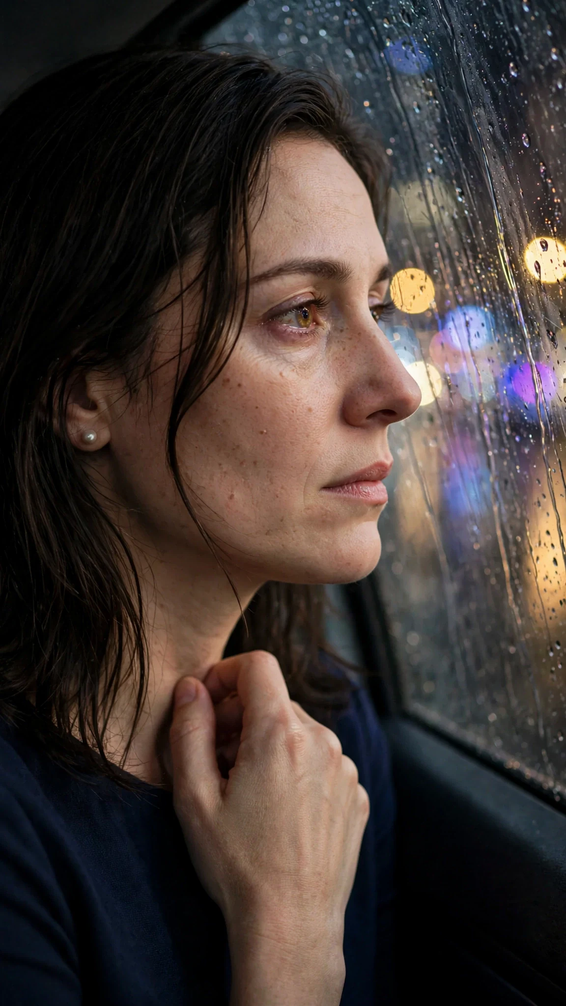 Her face in profile against the window, eyes glassy, mouth pressed shut.