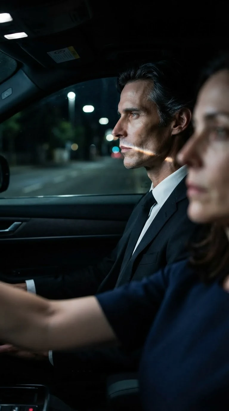 The driver's sharp profile as he lists his board problems, streetlight crossing his jaw.