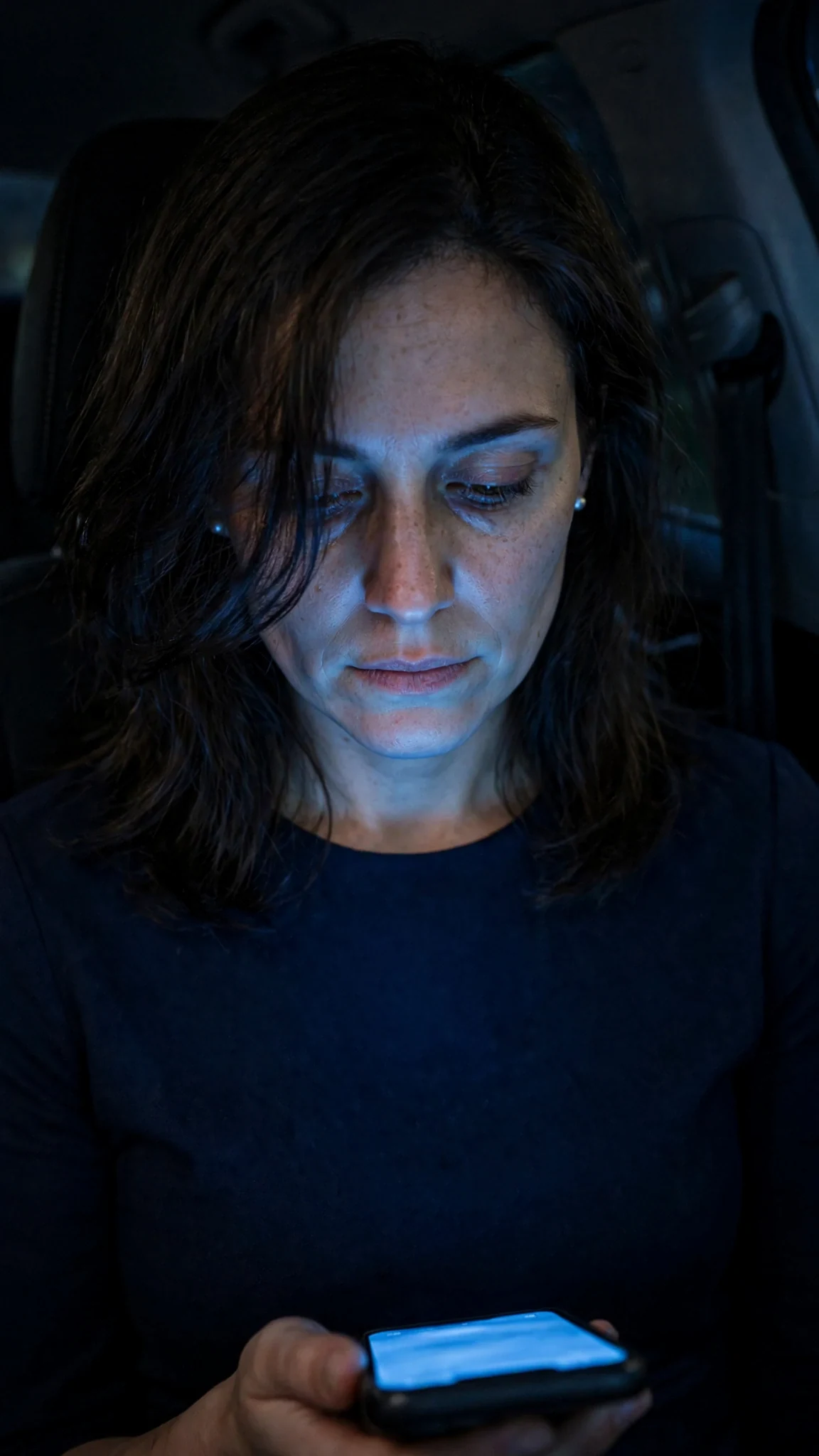 Her phone lights her face blue in the dark car as she stares at her husband's name.