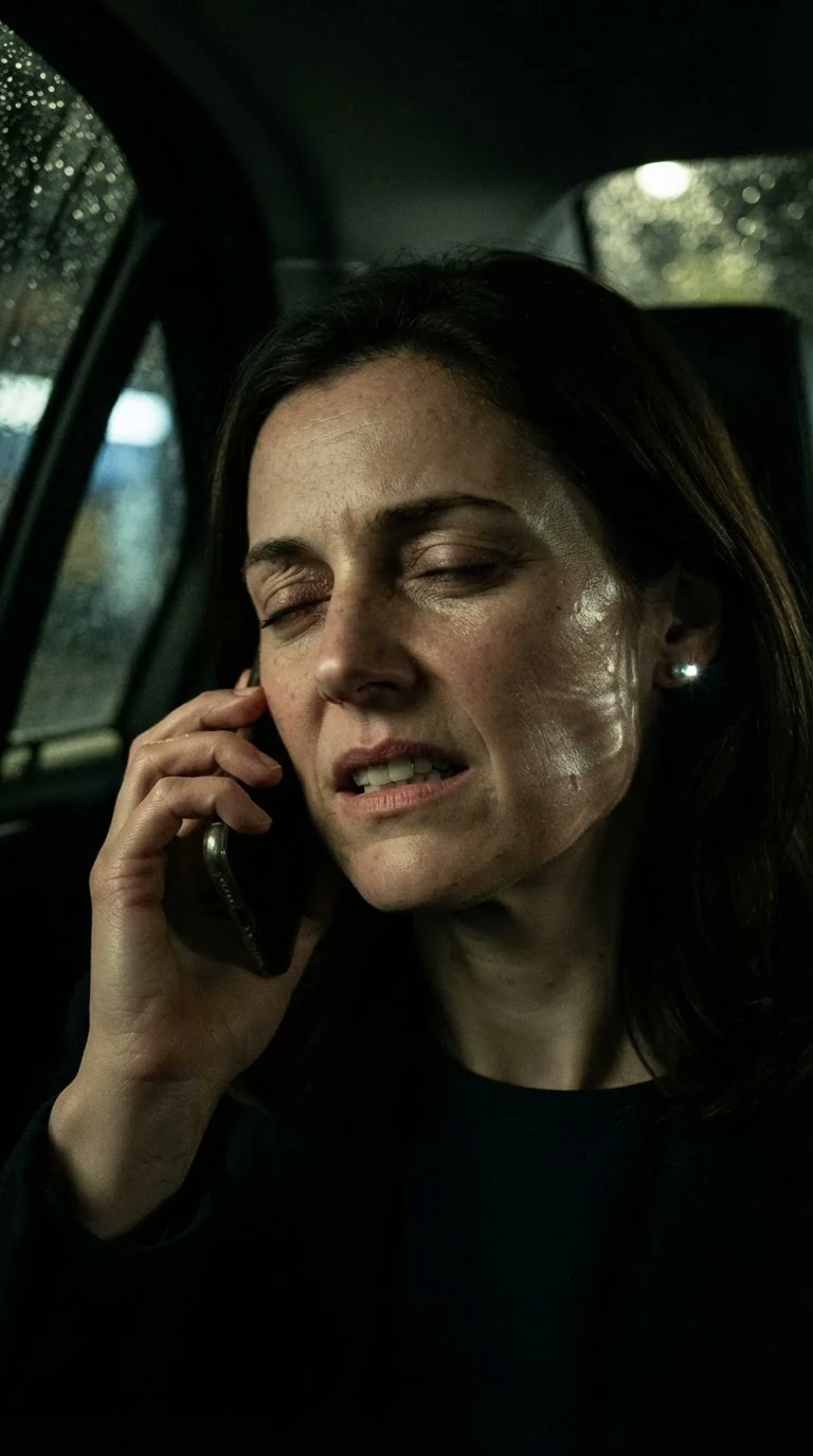 She holds the phone to her ear, eyes shut, mouth flat with disgust.