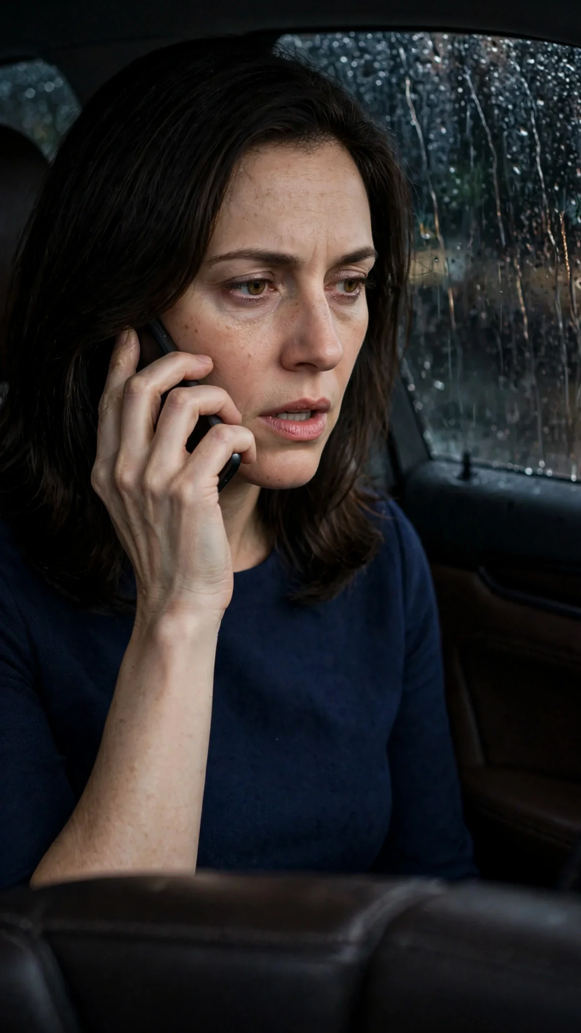 Her eyes open and go cold as she speaks into the phone.