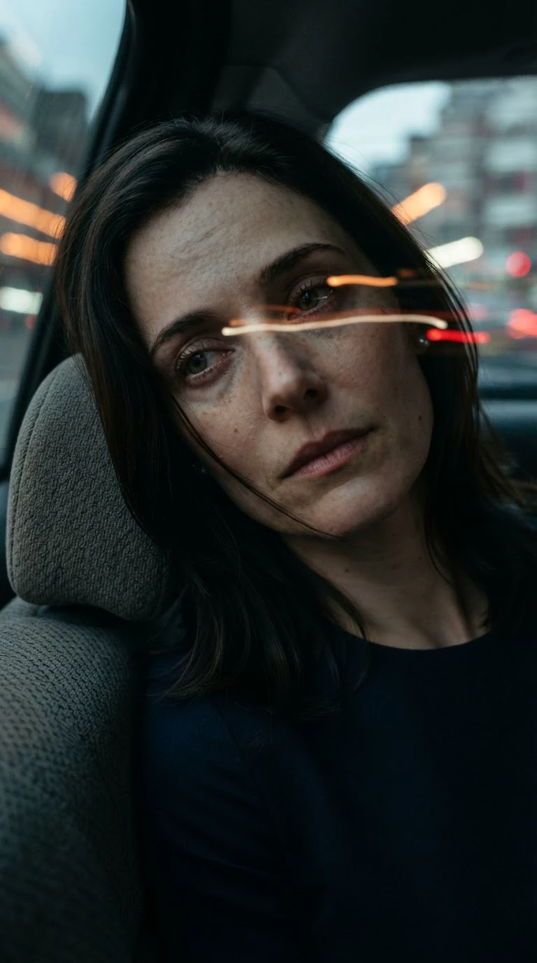 Her face half in shadow, city lights moving across her eyes.