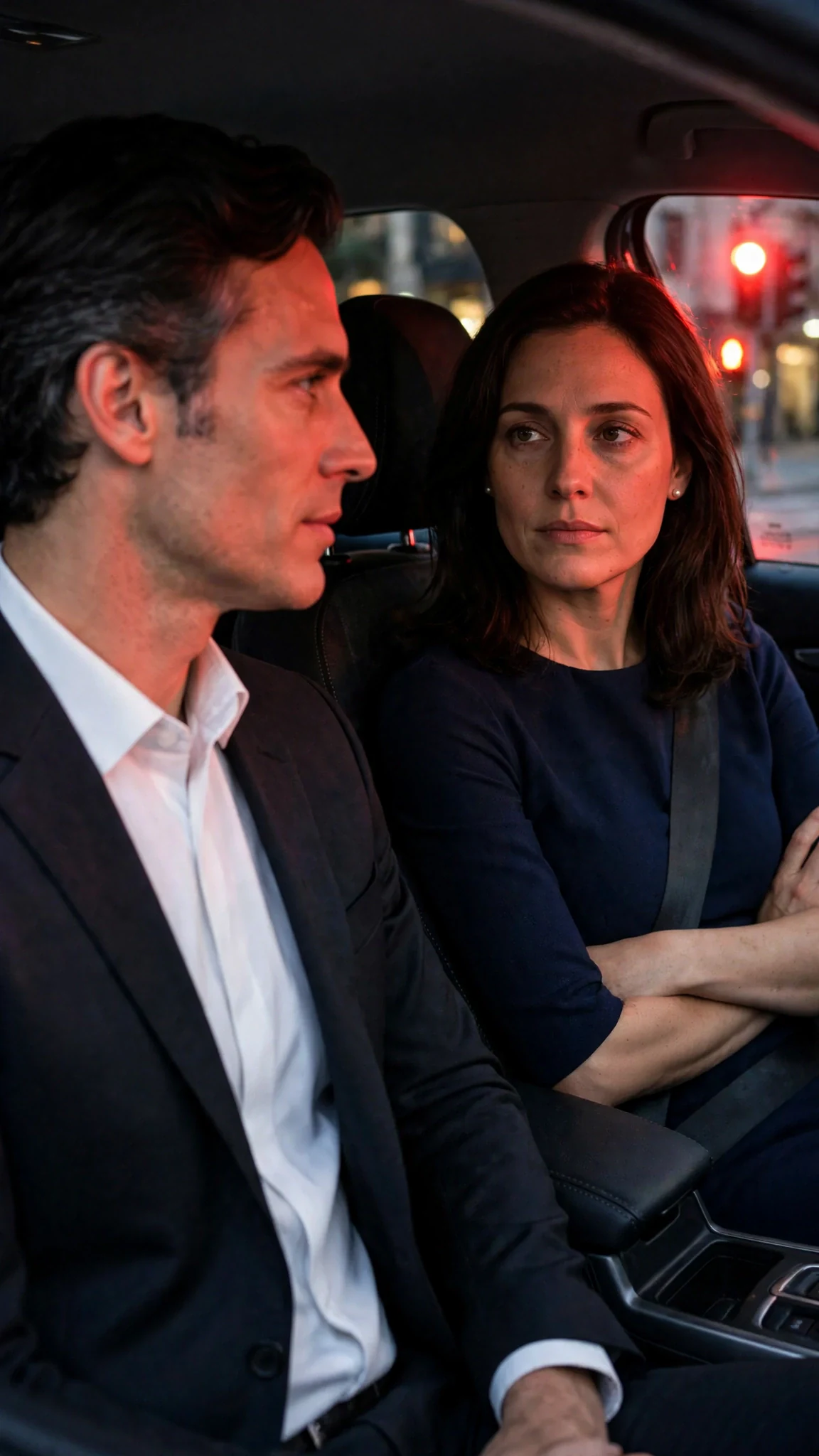 The two of them in the front seats, facing each other, the car stopped at a light.