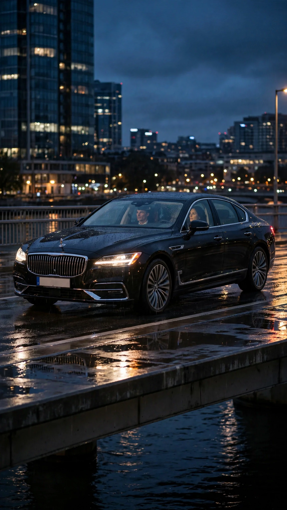 The car crosses a bridge toward the dark water, city towers behind them.