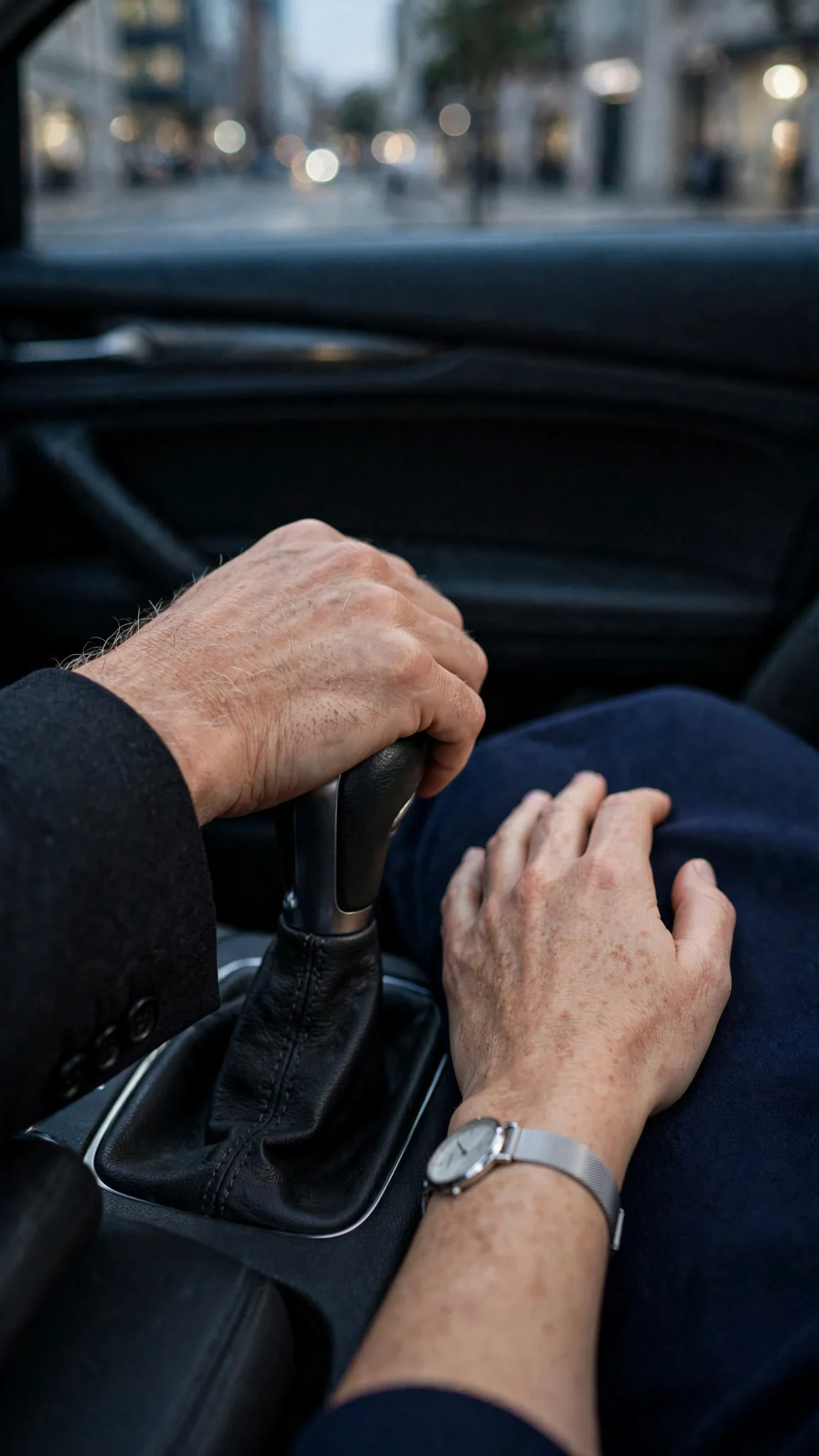 Close view of his hand on the gear shift and hers resting an inch away, not touching.