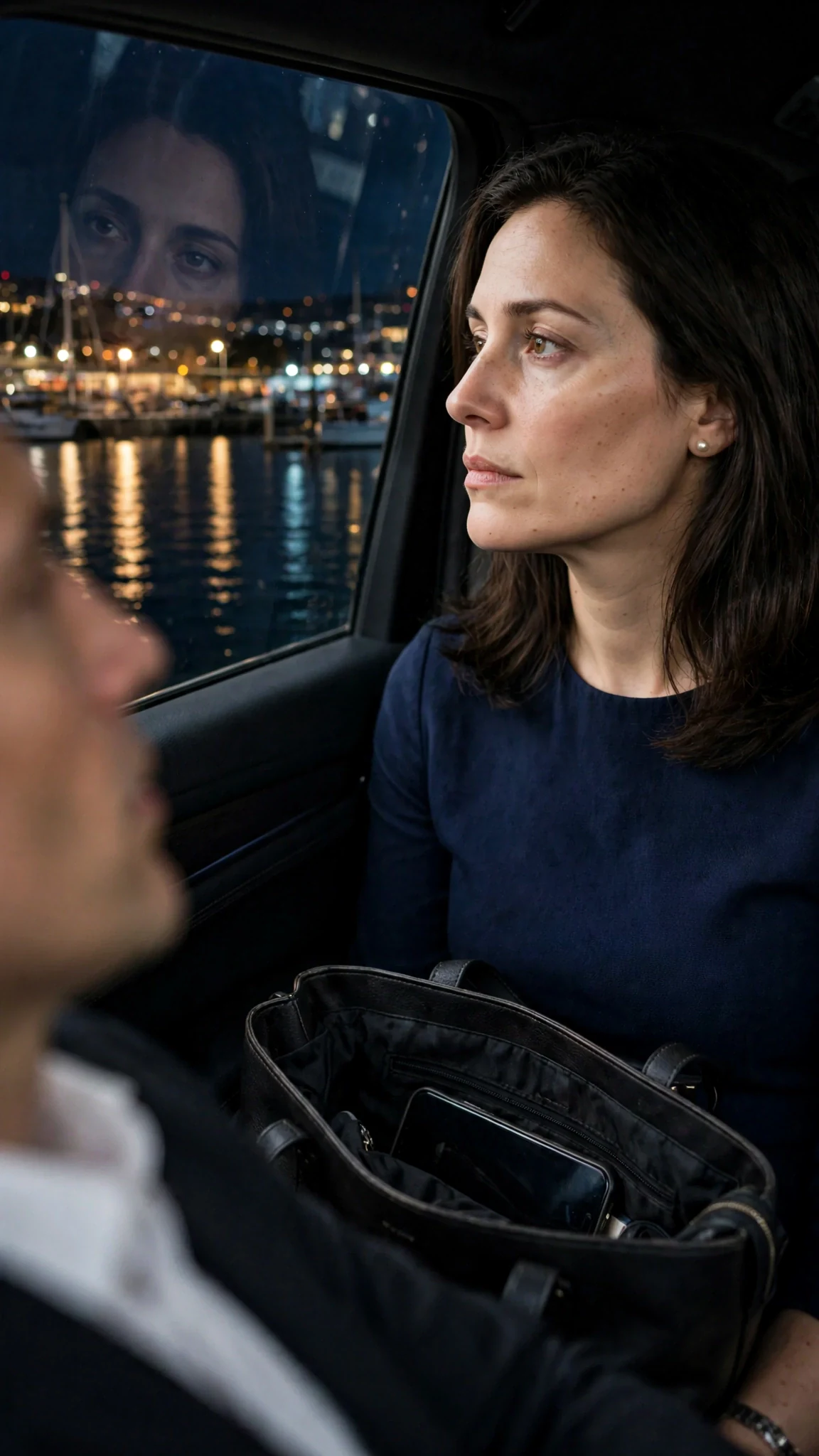 She looks out at the harbor lights, chin lifted, phone dark in her bag.
