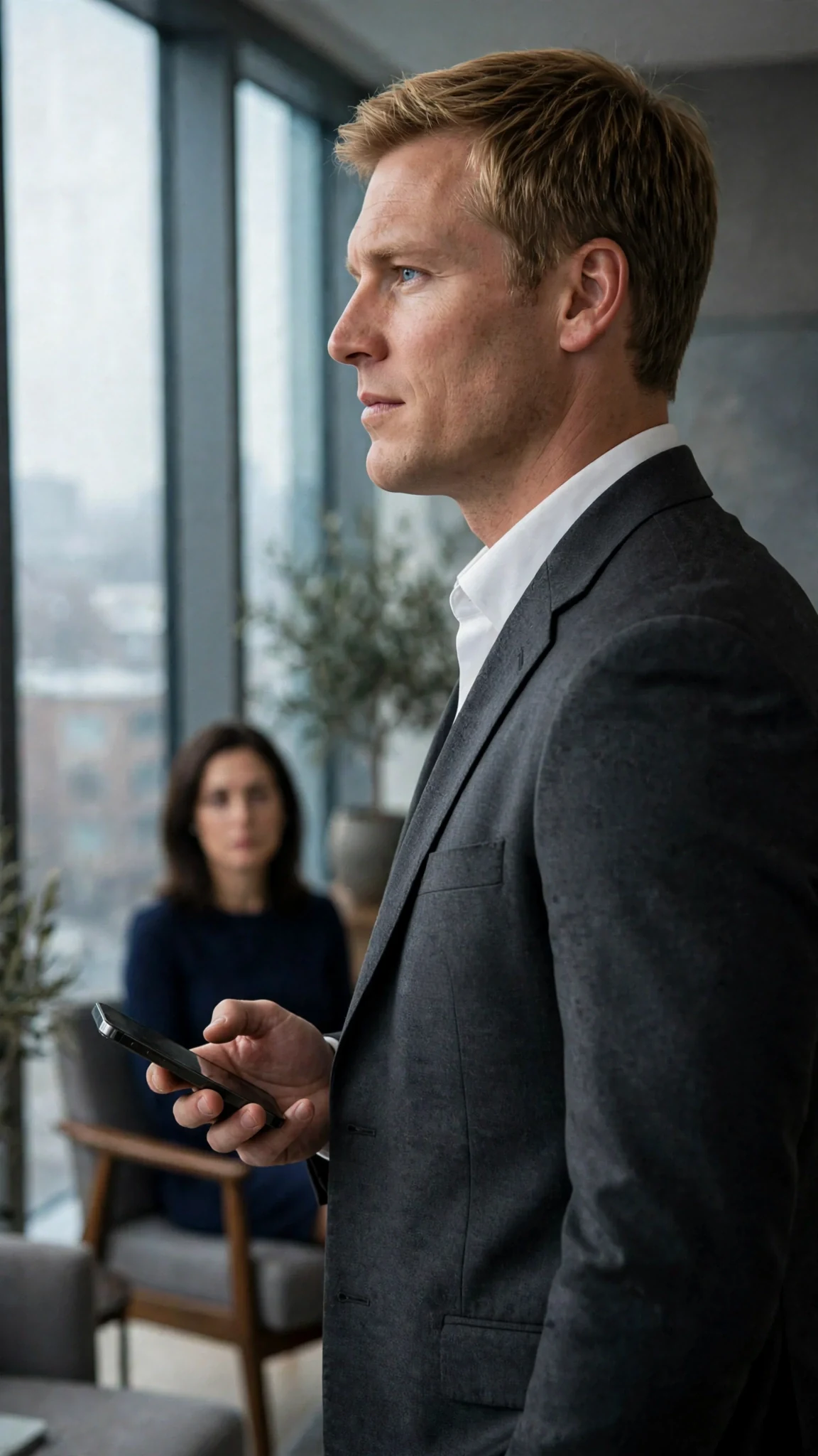 Graham stands at the window with his phone, not looking at Camille.