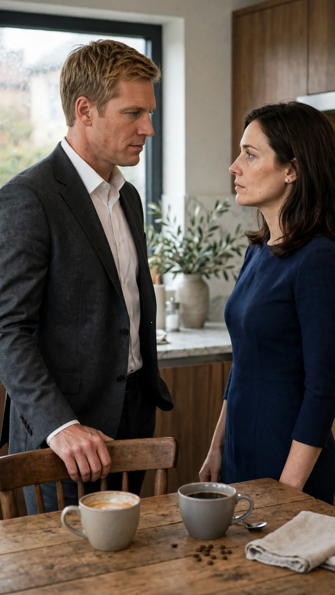 Camille faces Graham across the kitchen table, cold and steady.