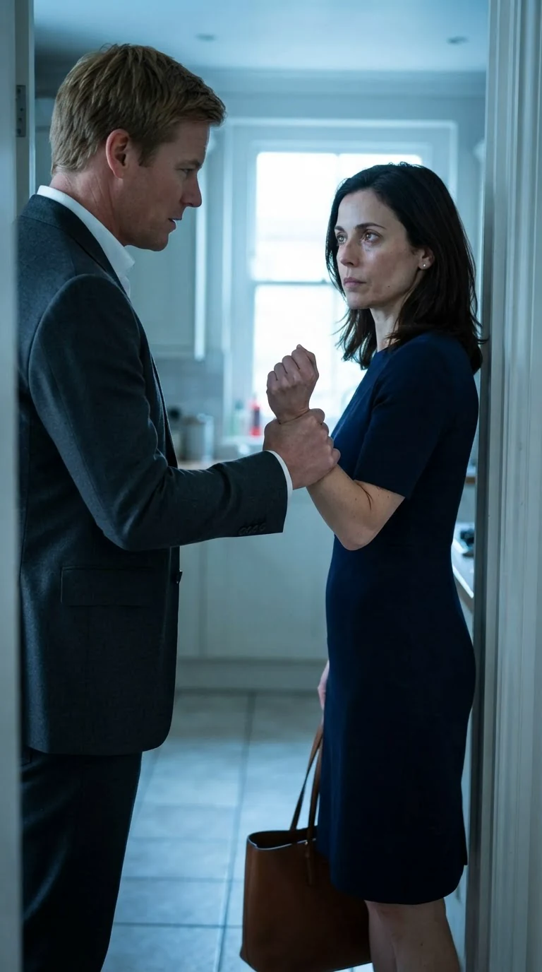 Graham's hand closes around Camille's wrist near the kitchen door.