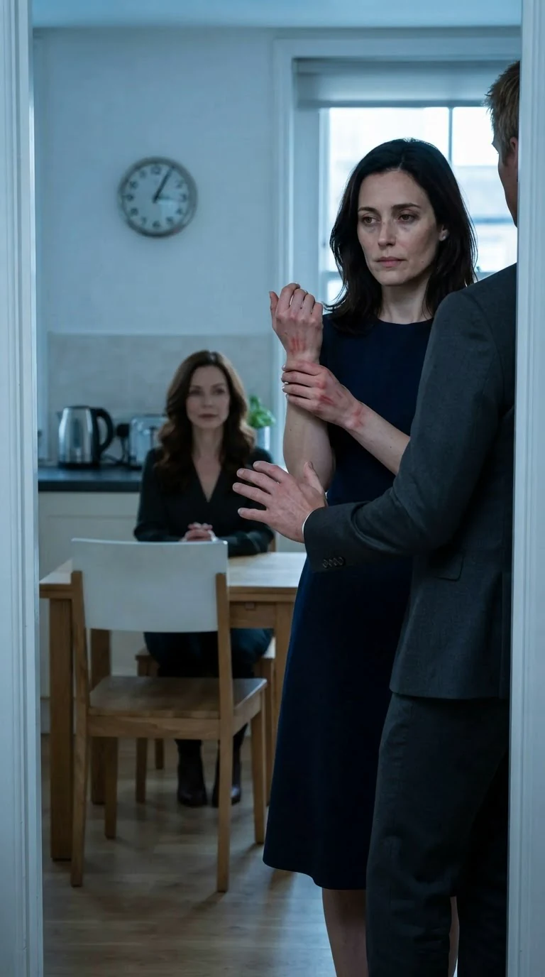 Graham releases Camille's wrist, leaving red marks, while Lila watches from the table.