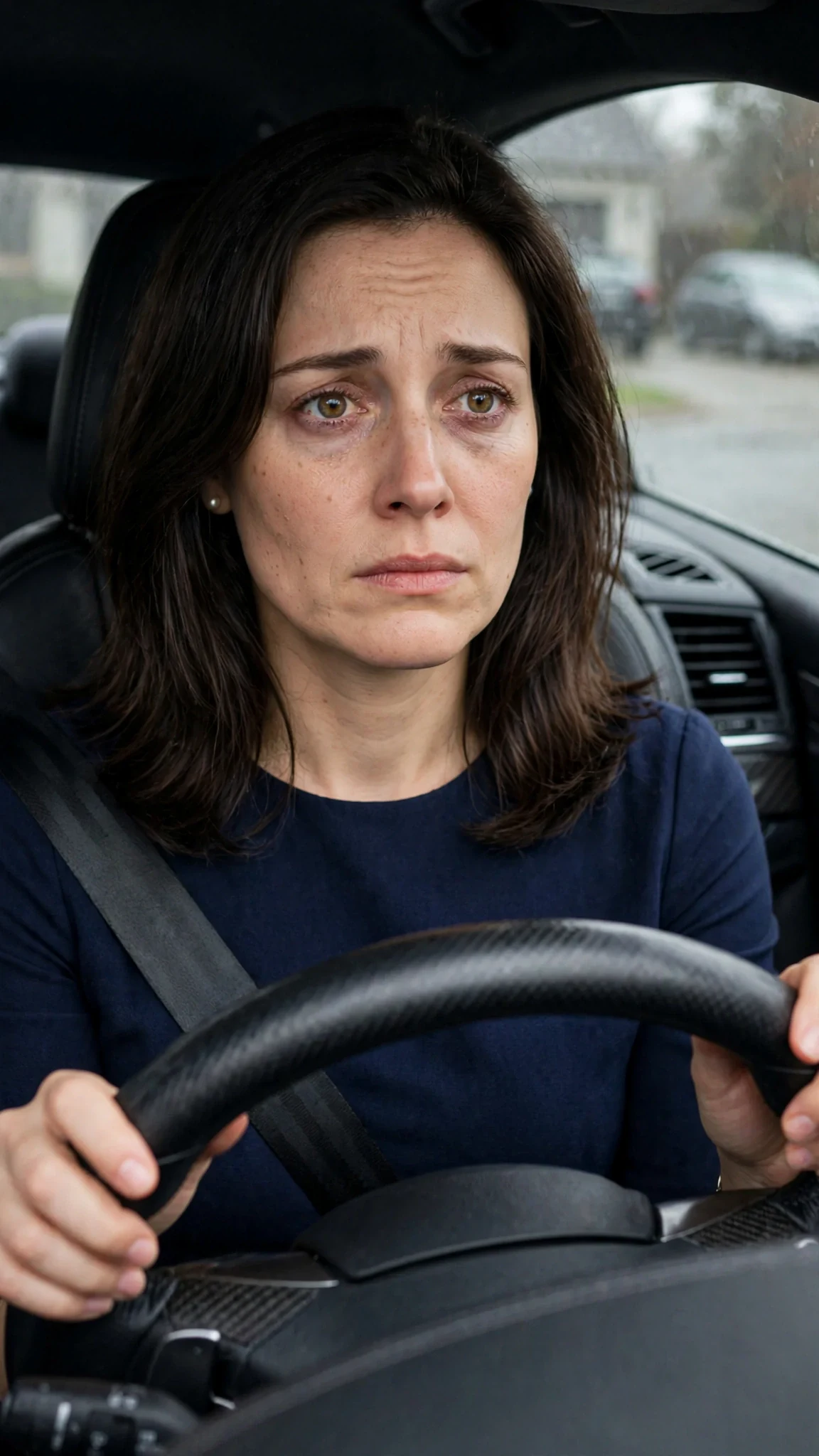 Camille sits alone in her car with both hands on the steering wheel.
