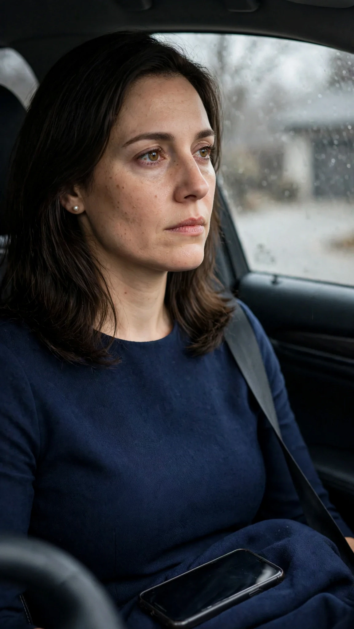 Camille stares at the phone, thinking, her jaw set.