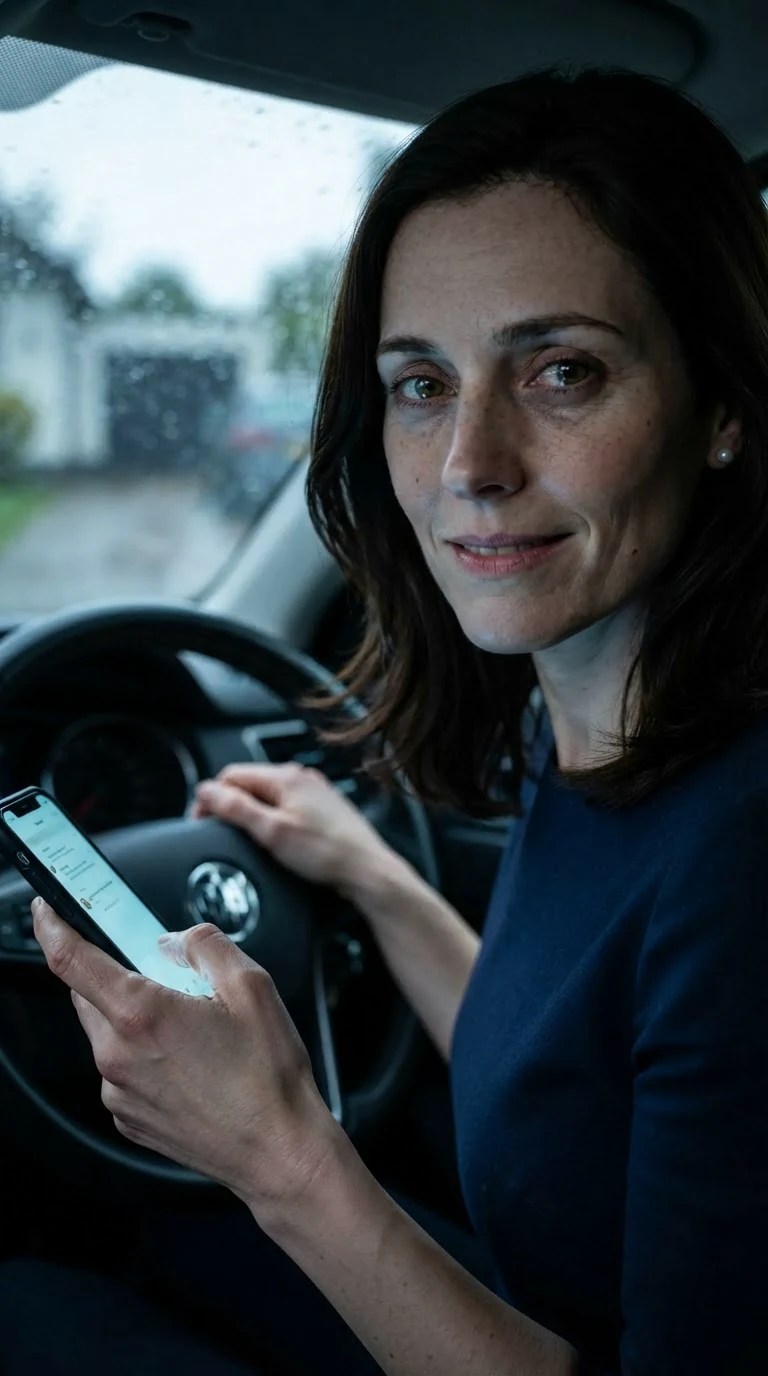 Camille types one word on her phone and starts the engine.