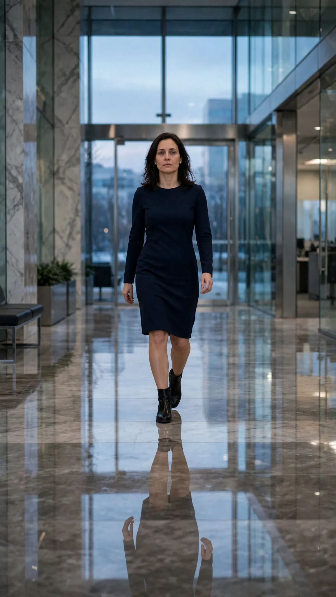 A woman in a navy dress crosses an empty glass lobby at dawn.