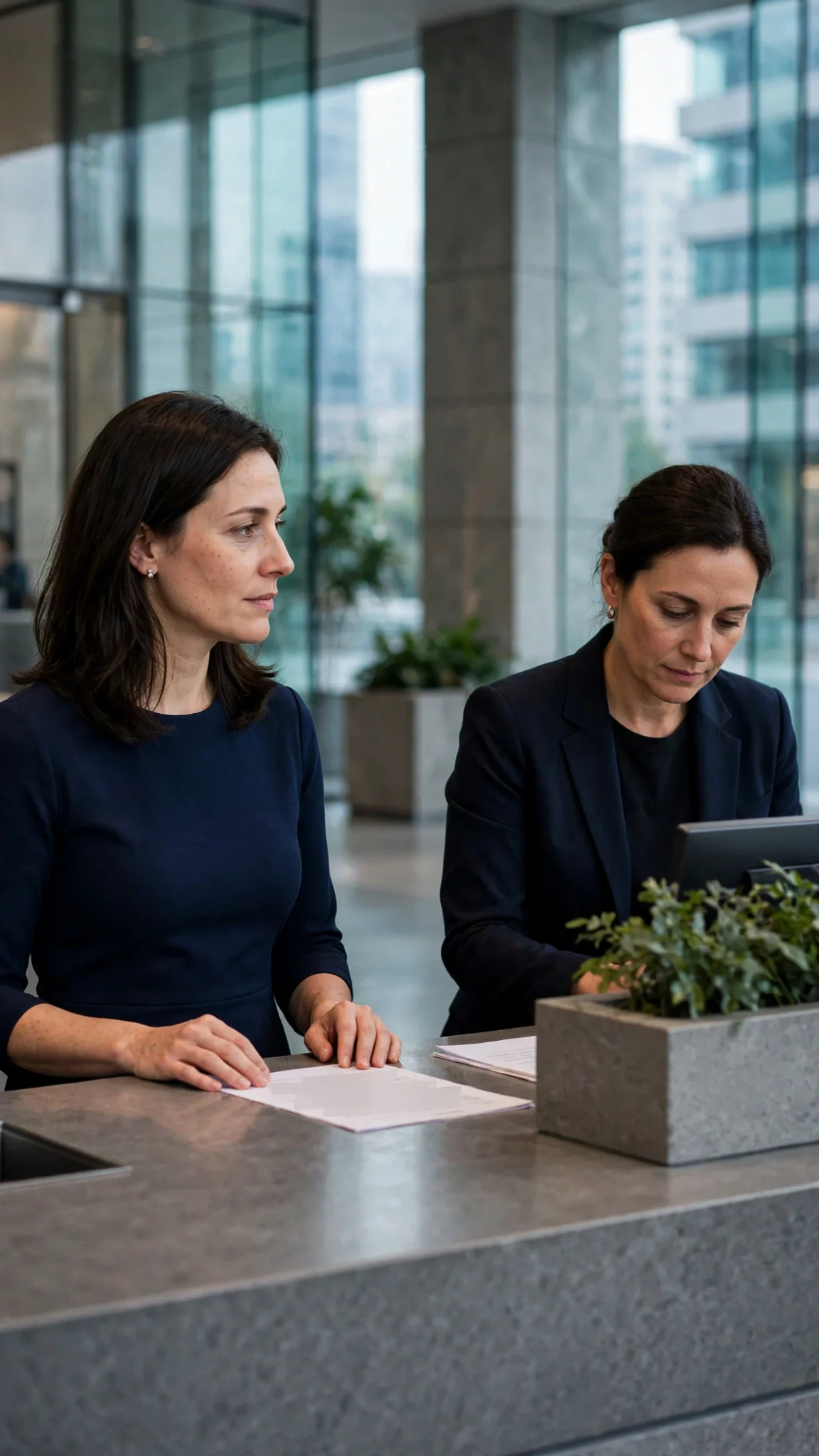 A woman at a reception desk checks a list and nods.