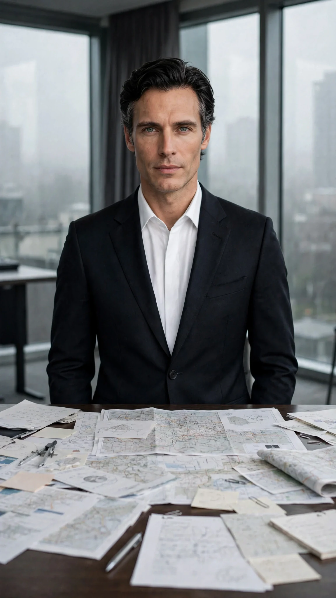 A dark-suited man stands over a table of spread papers.