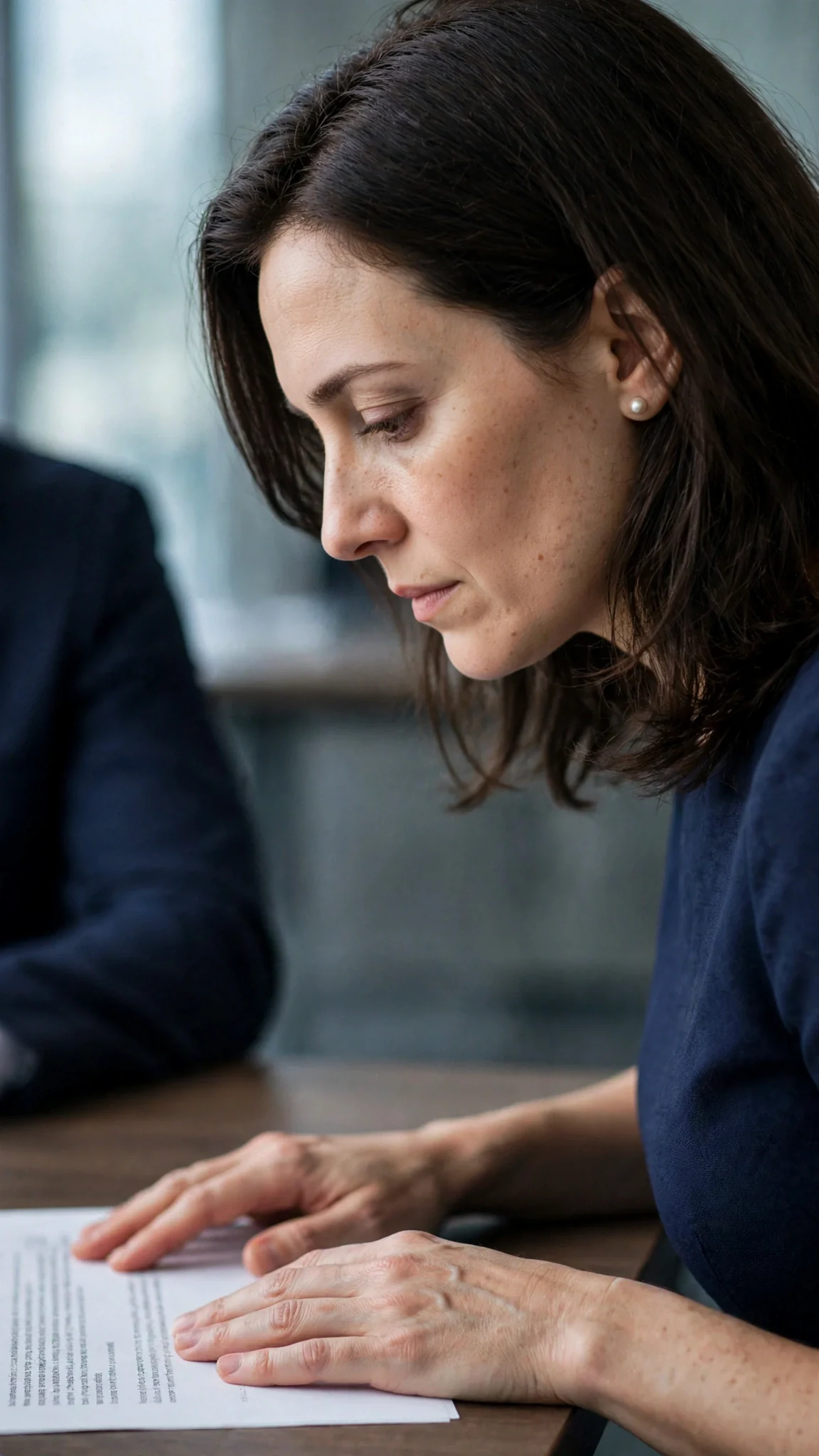 A woman's hands rest on a contract with her name on the top page.