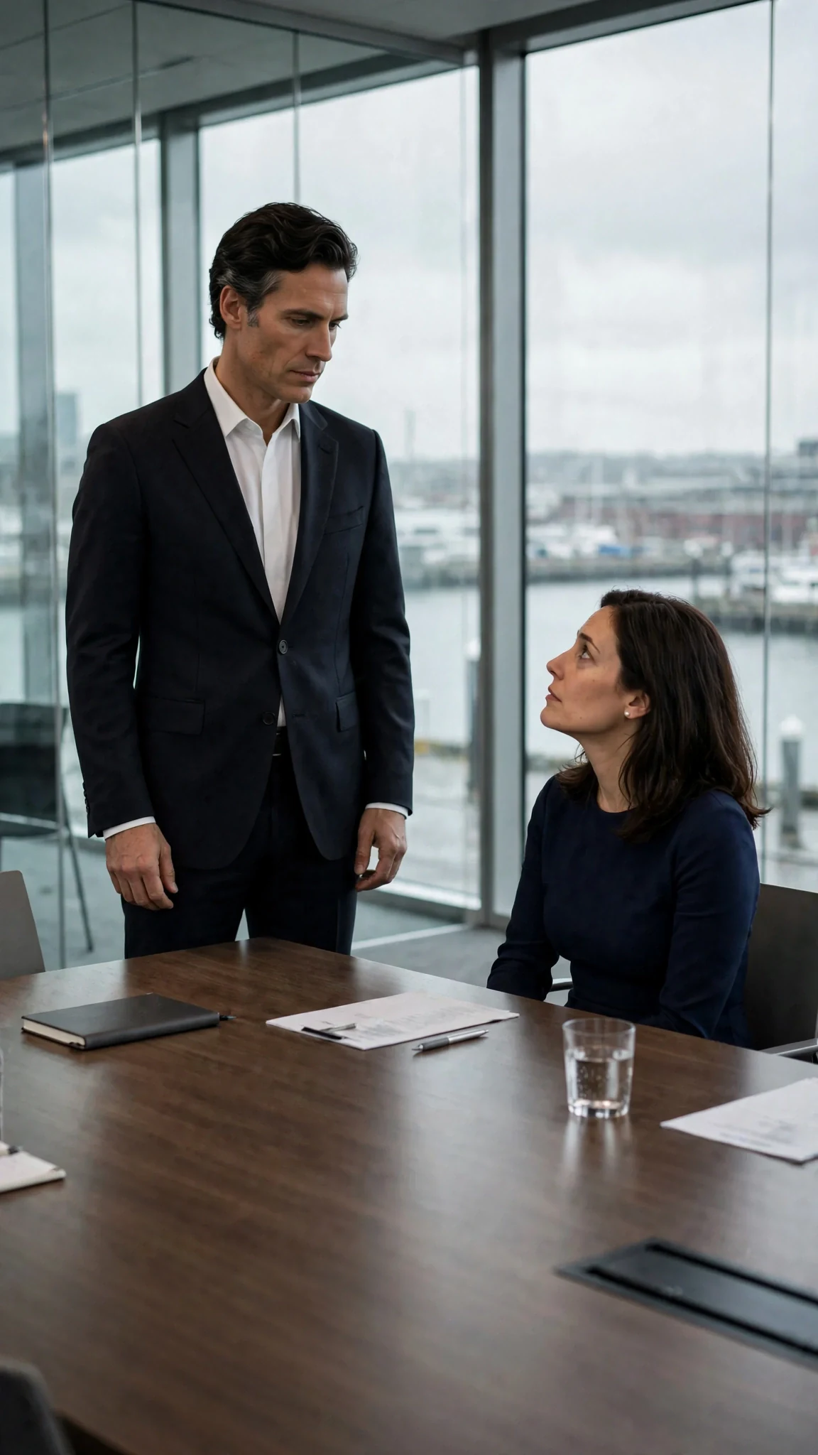Two people face each other across a boardroom table.