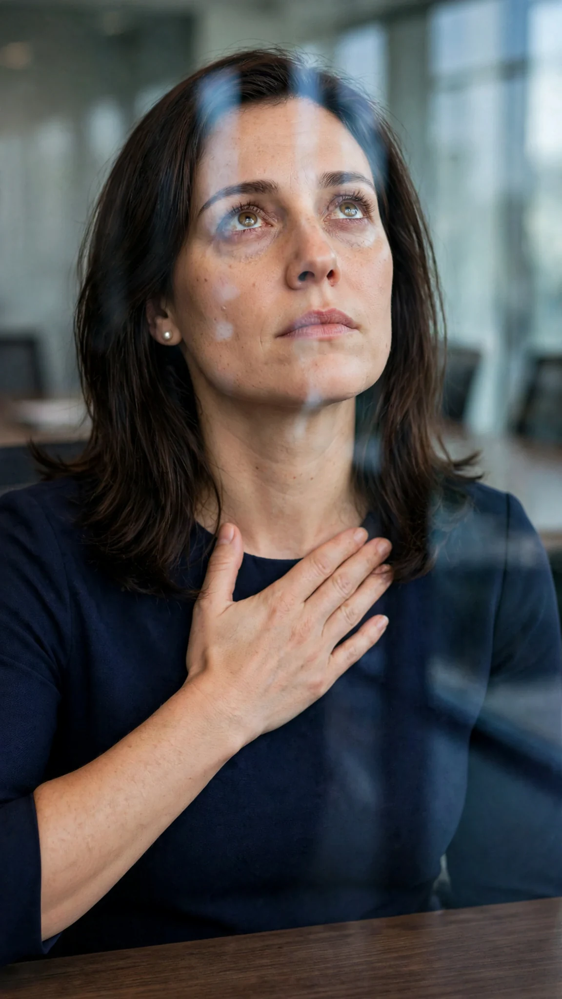 A woman looks up sharply, one hand pressed to her collarbone.