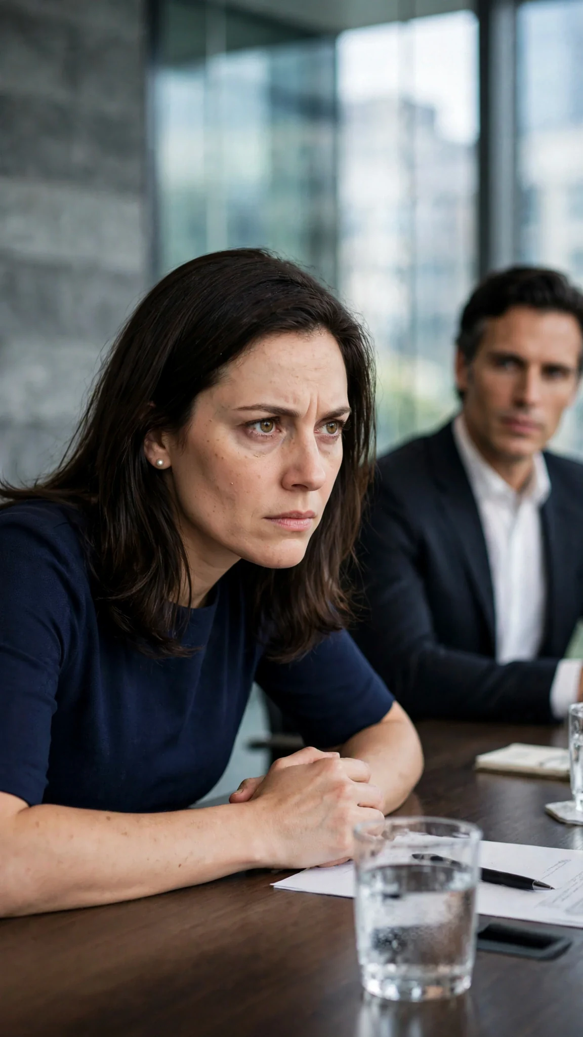 The woman leans forward, elbows on the table, asking a hard question.