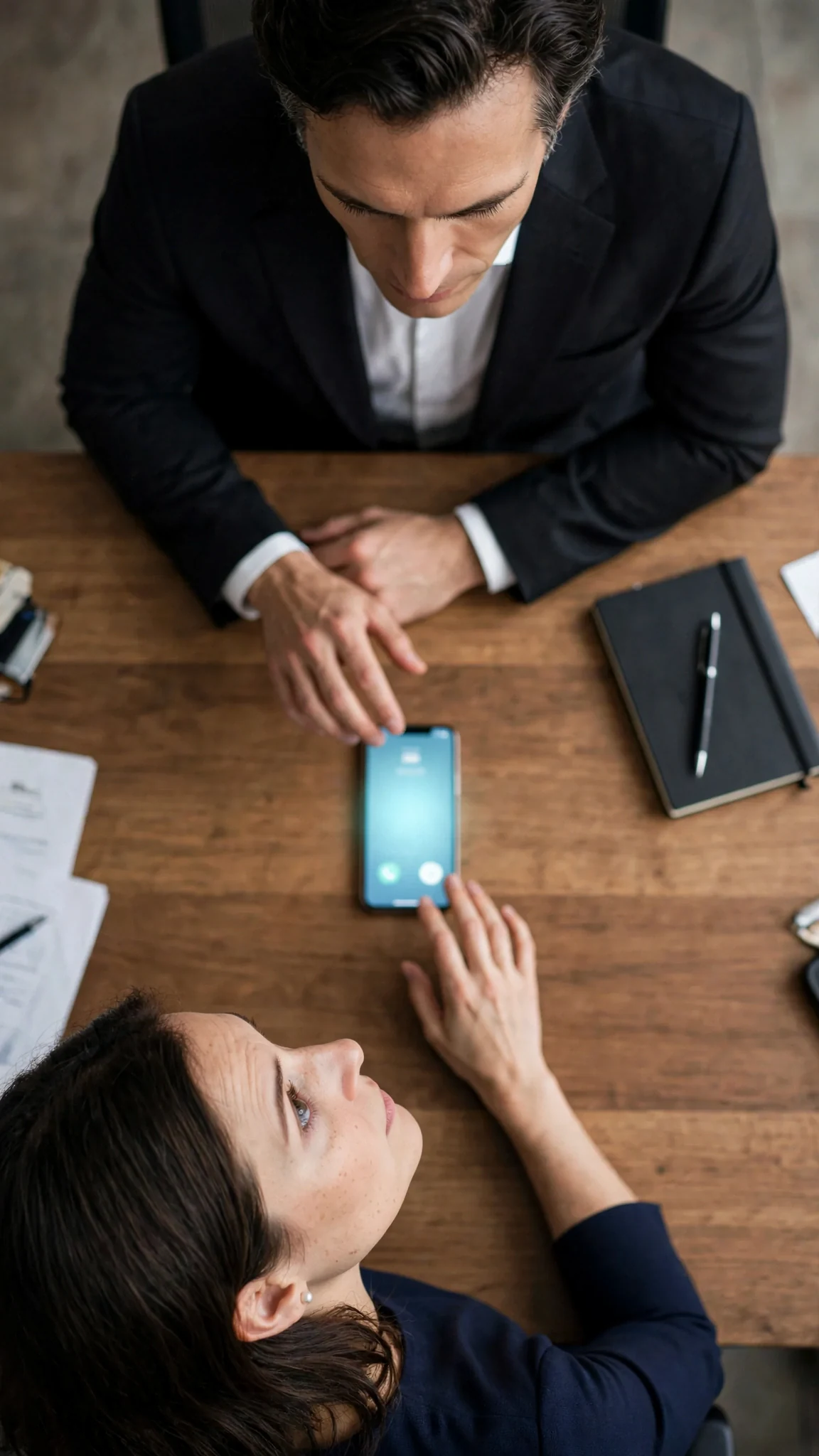 A phone vibrates face up on a glass table between them.