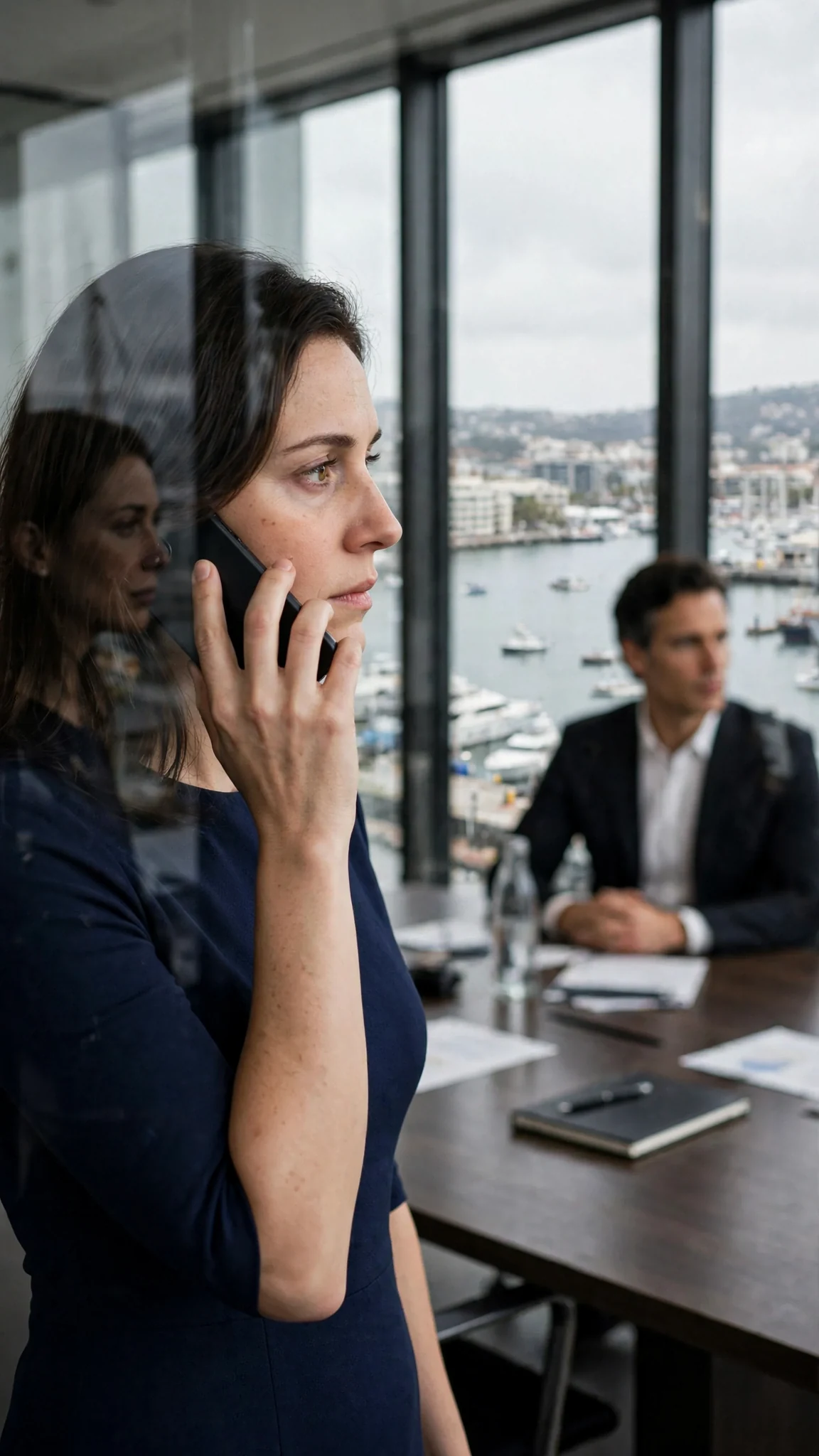A woman stands at the glass wall with a phone pressed to her ear.