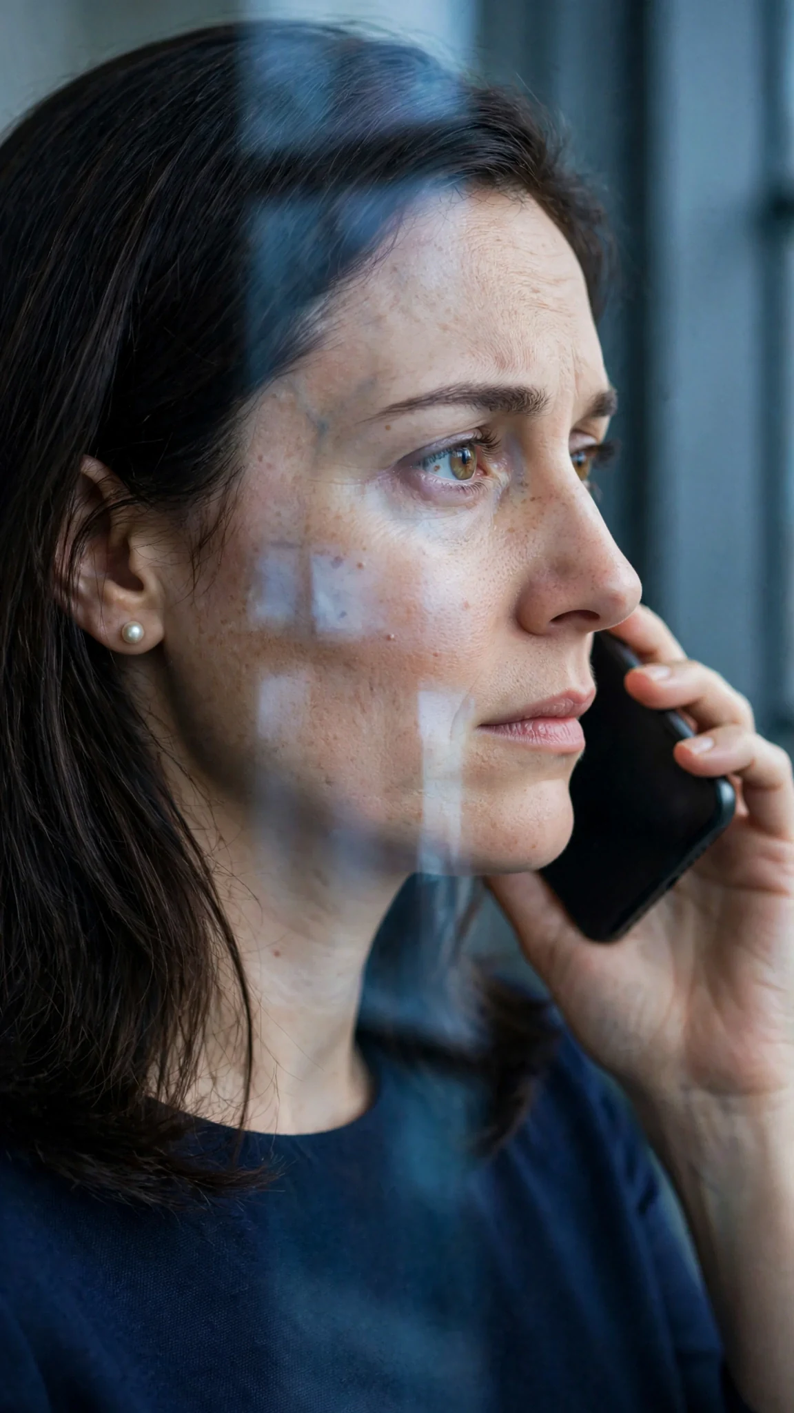 The woman's face hardens against the window light.