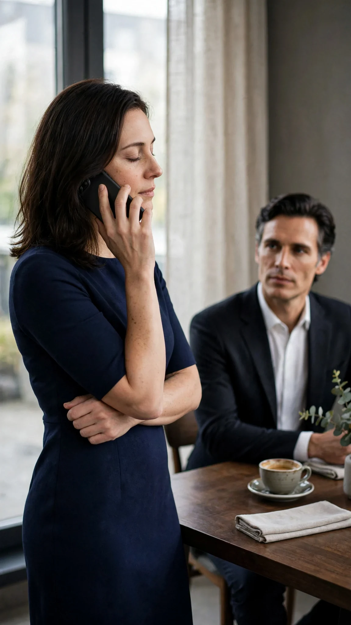 She listens with her eyes closed for a second, phone still at her ear.
