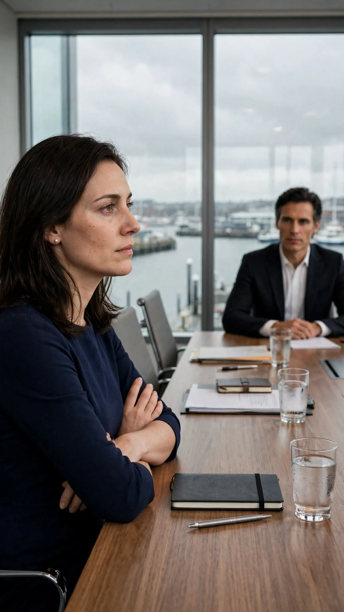 She turns from the window and looks back at the man at the table.