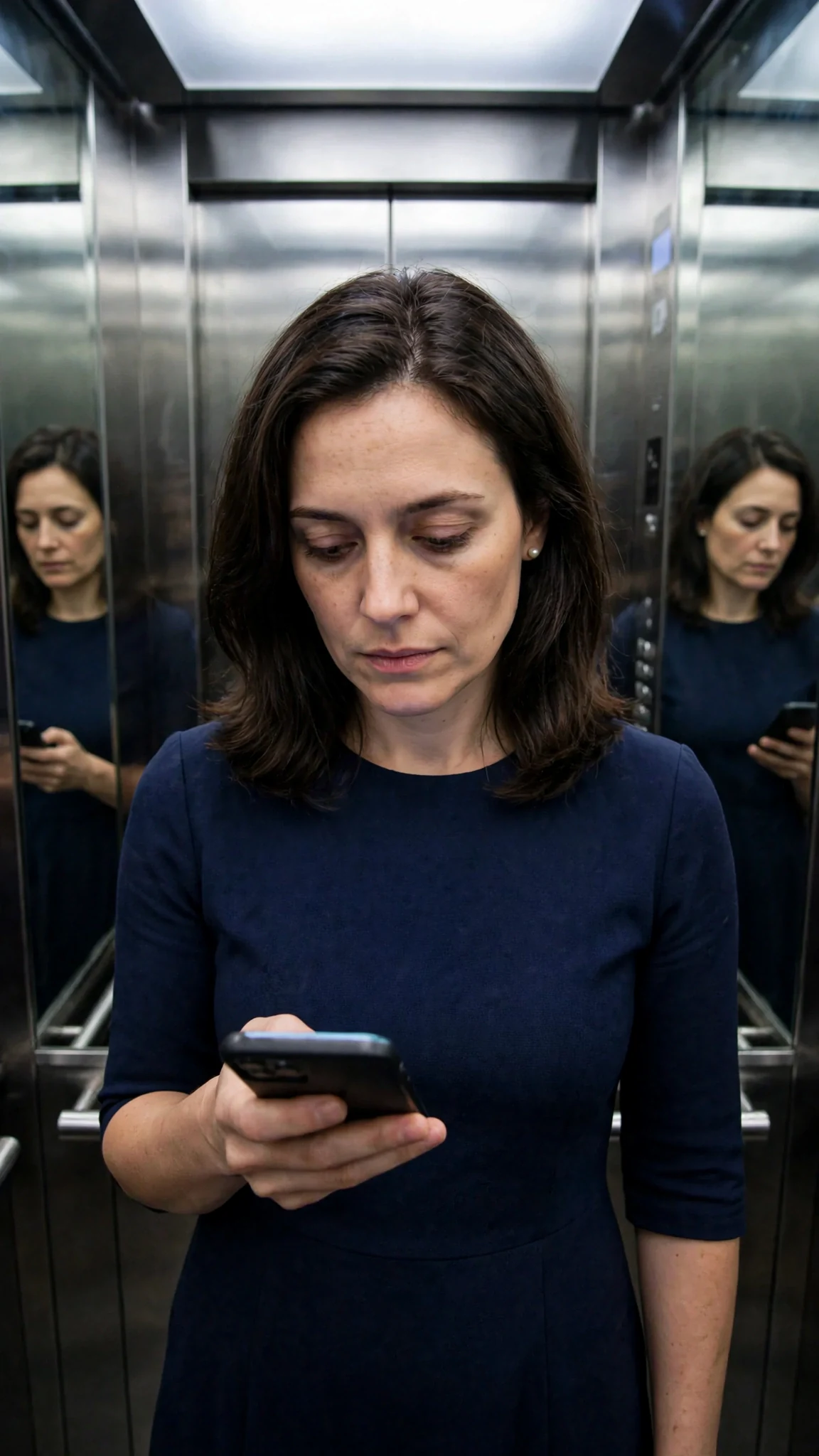 She rides the elevator down alone, phone in hand.