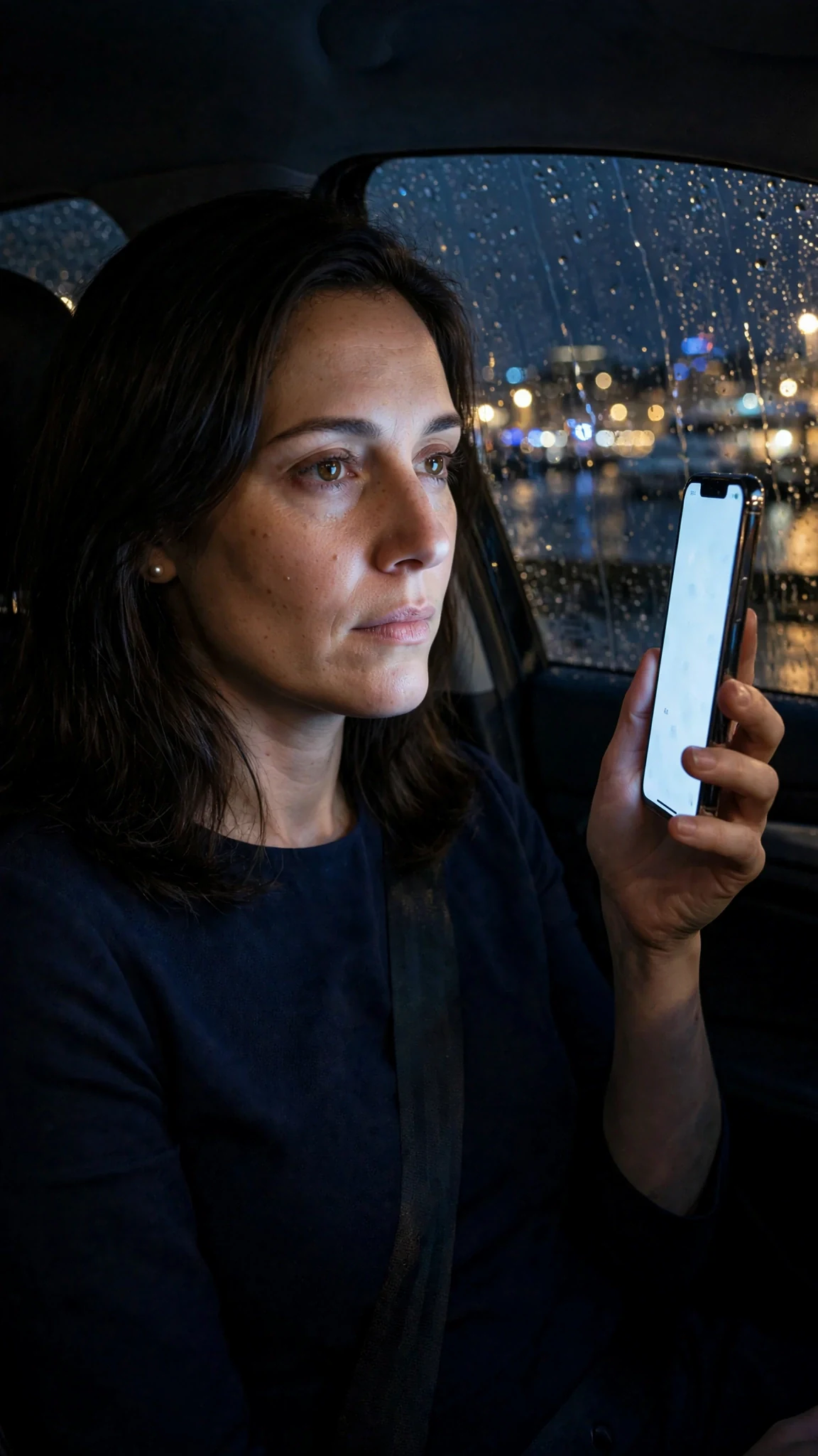 She sits in her car at night, phone glowing in her hand.