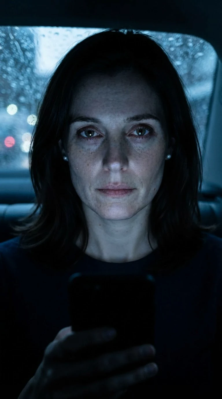 Close on her face lit by the phone, her jaw set.