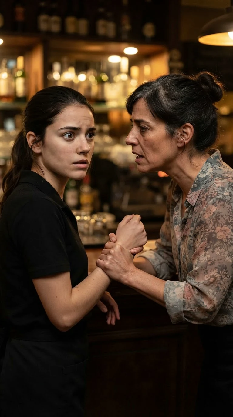 A young woman in a server uniform is grabbed by the wrist by her mother in a crowded bar.