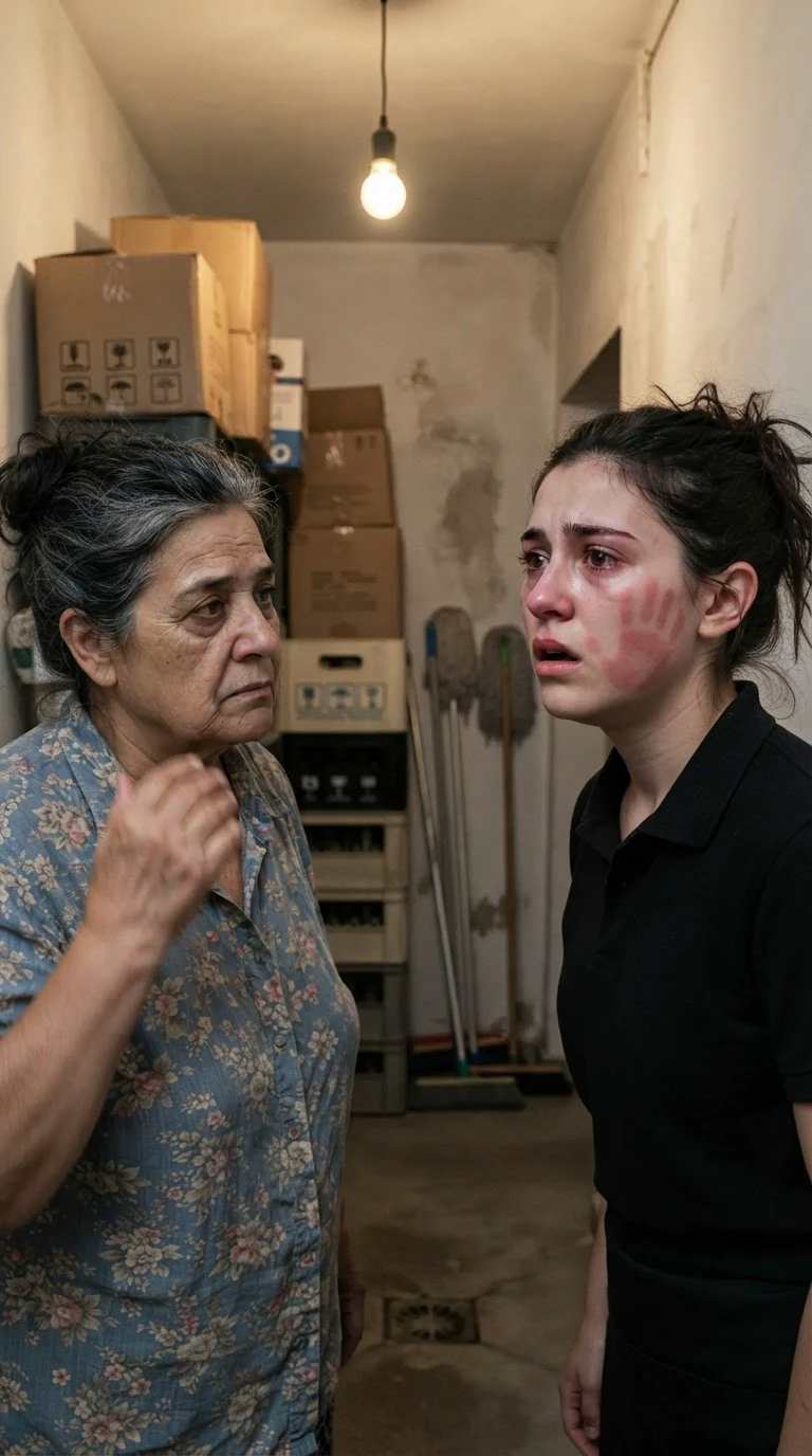 A woman slaps her daughter across the face in a back hallway of a bar.